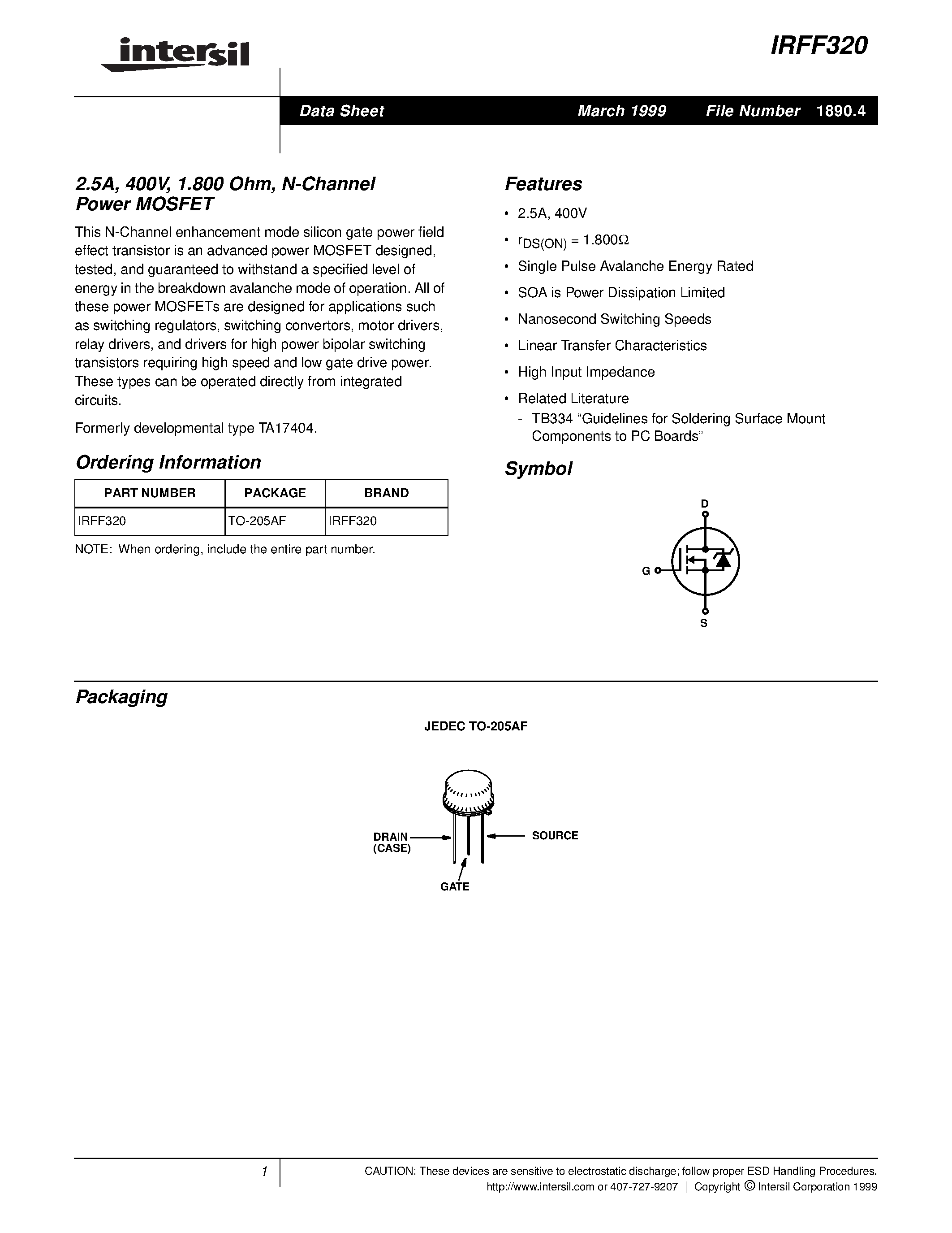 Datasheet IRFF320 - 2.5A/ 400V/ 1.800 Ohm/ N-Channel Power MOSFET page 1