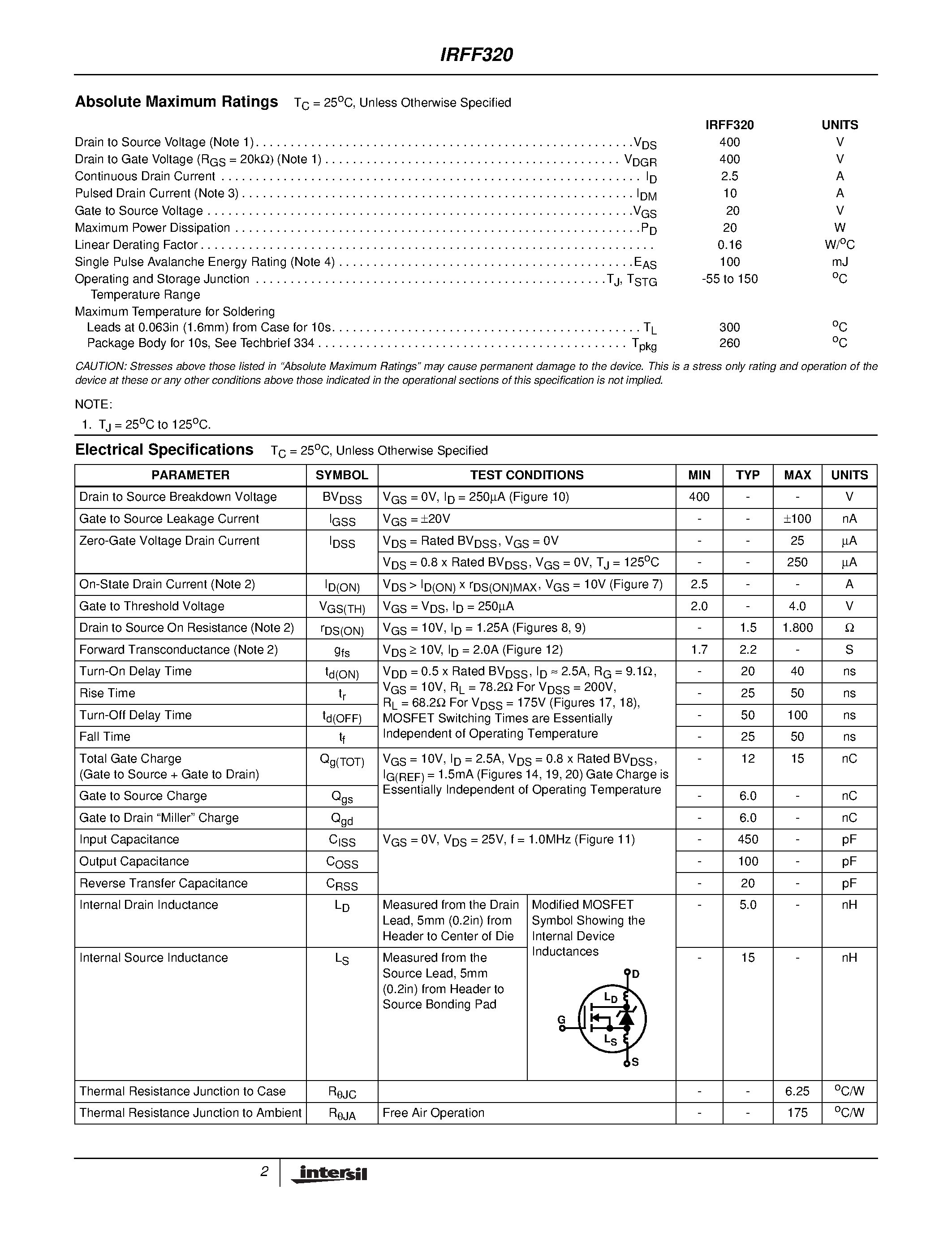 Datasheet IRFF320 - 2.5A/ 400V/ 1.800 Ohm/ N-Channel Power MOSFET page 2