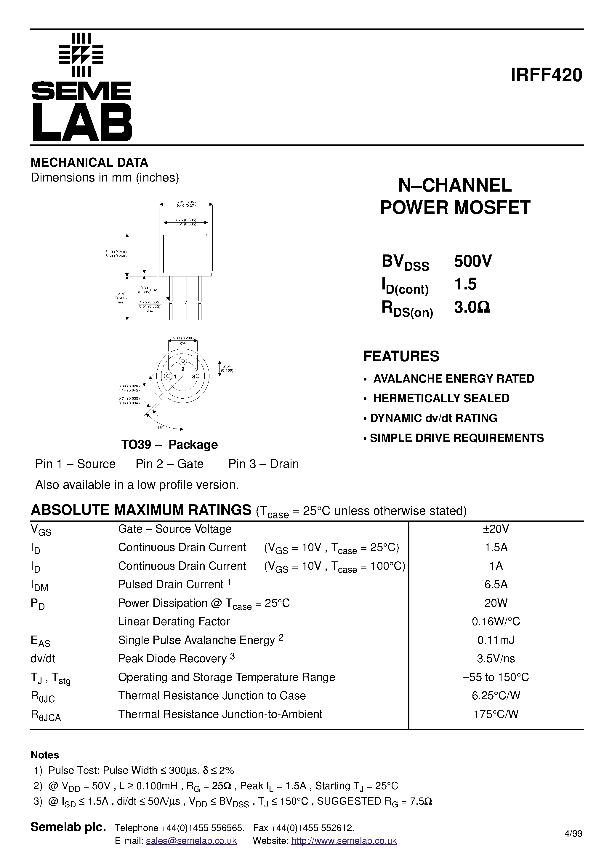 Datasheet IRFF420 - N-CHANNEL POWER MOSFET page 1
