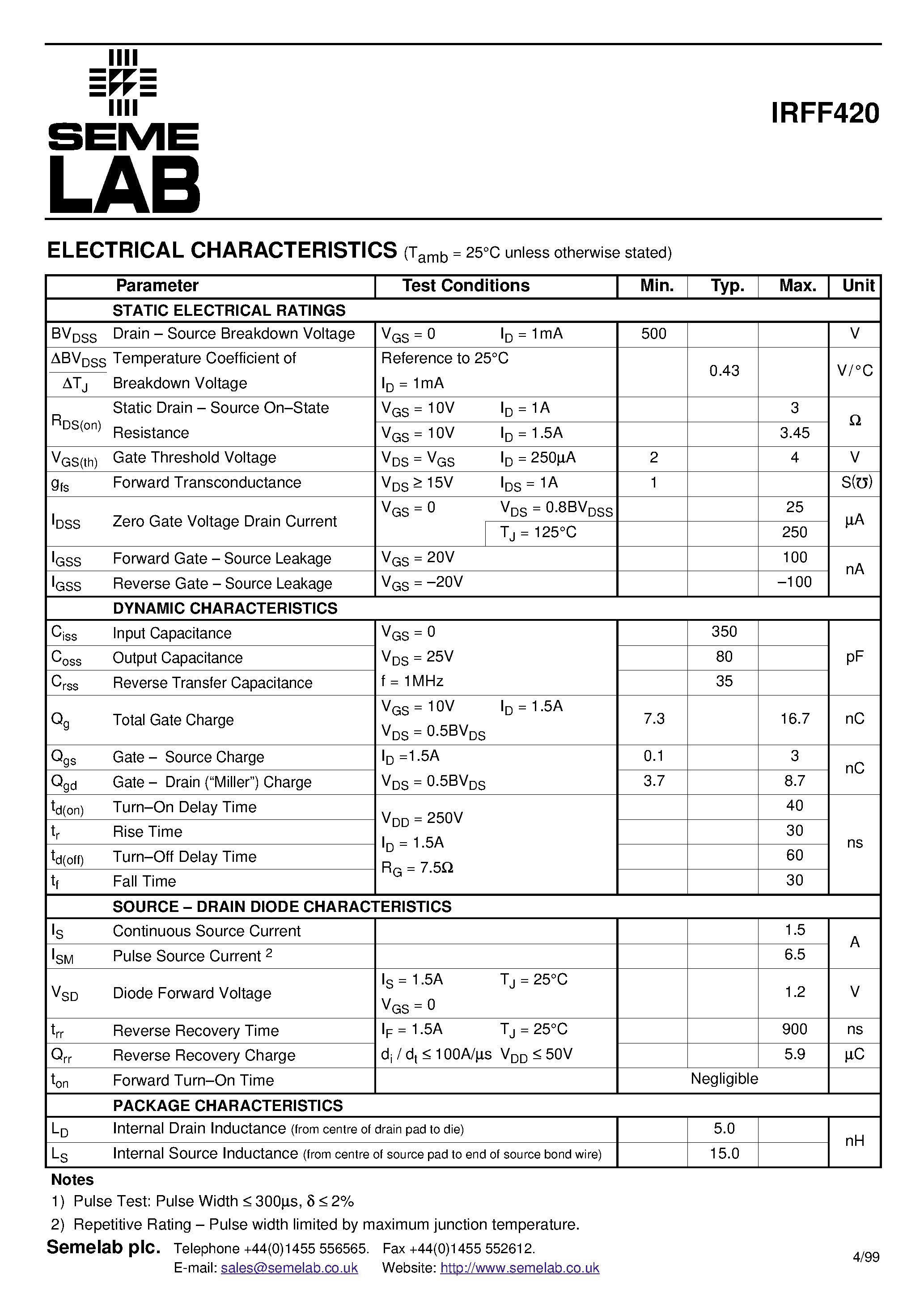 Datasheet IRFF420 - N-CHANNEL POWER MOSFET page 2