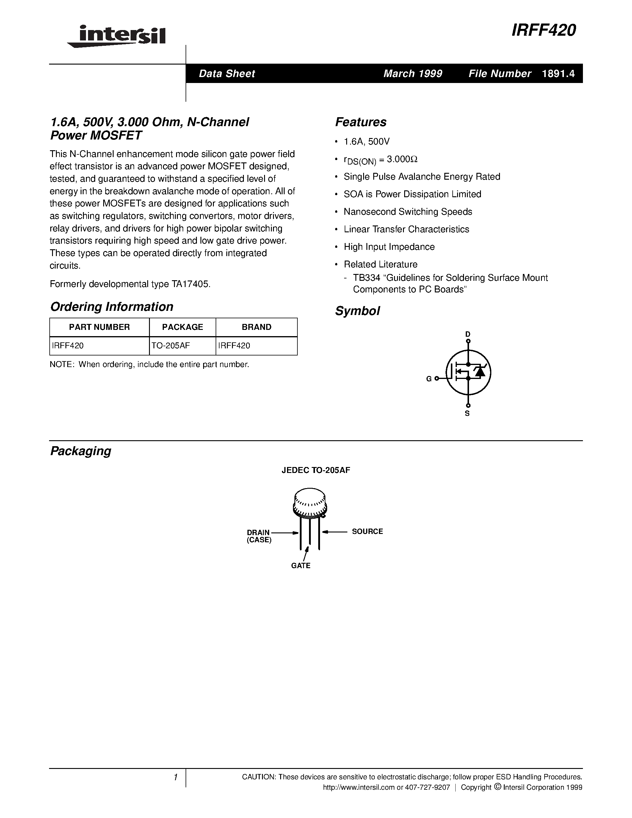Datasheet IRFF420 - 1.6A/ 500V/ 3.000 Ohm/ N-Channel Power MOSFET page 1
