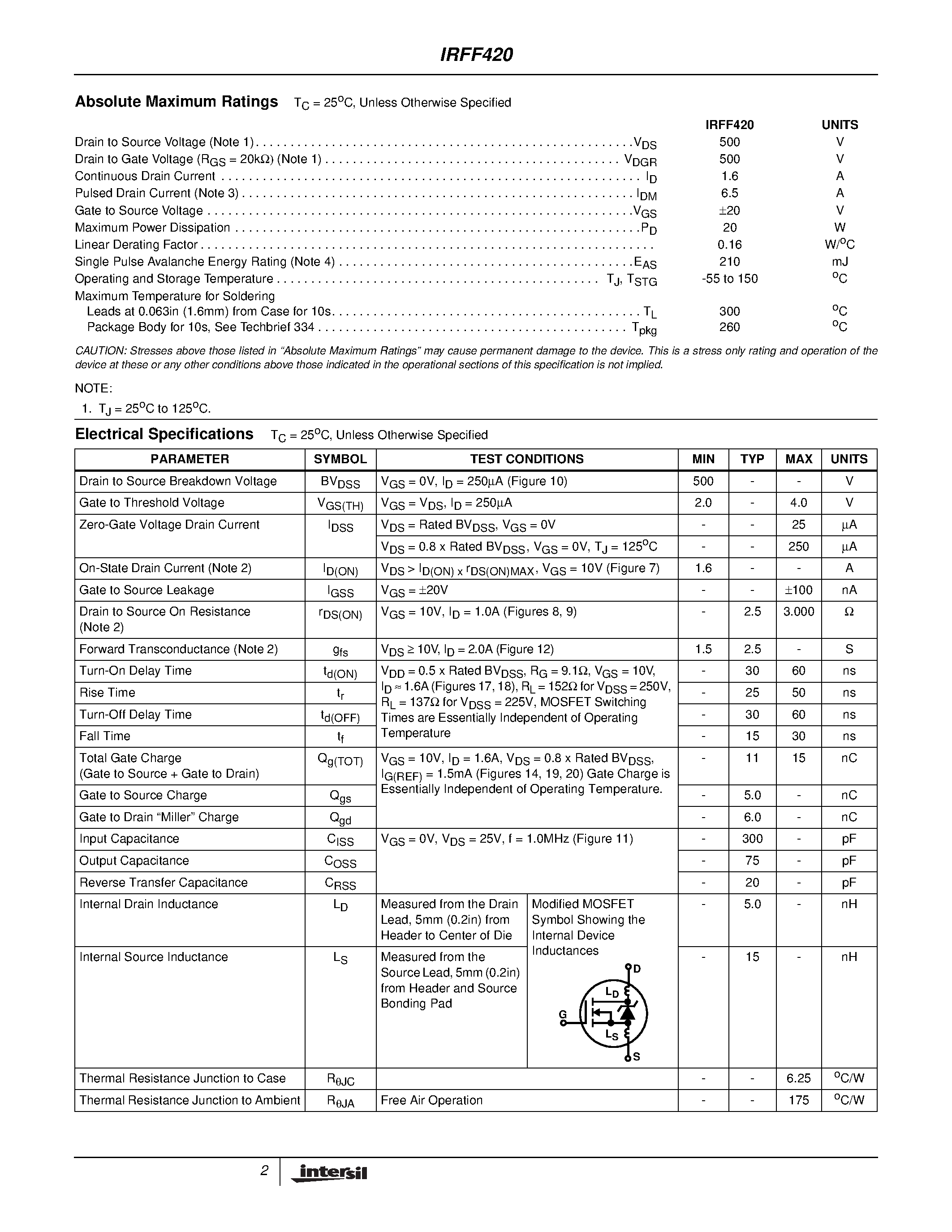 Datasheet IRFF420 - 1.6A/ 500V/ 3.000 Ohm/ N-Channel Power MOSFET page 2