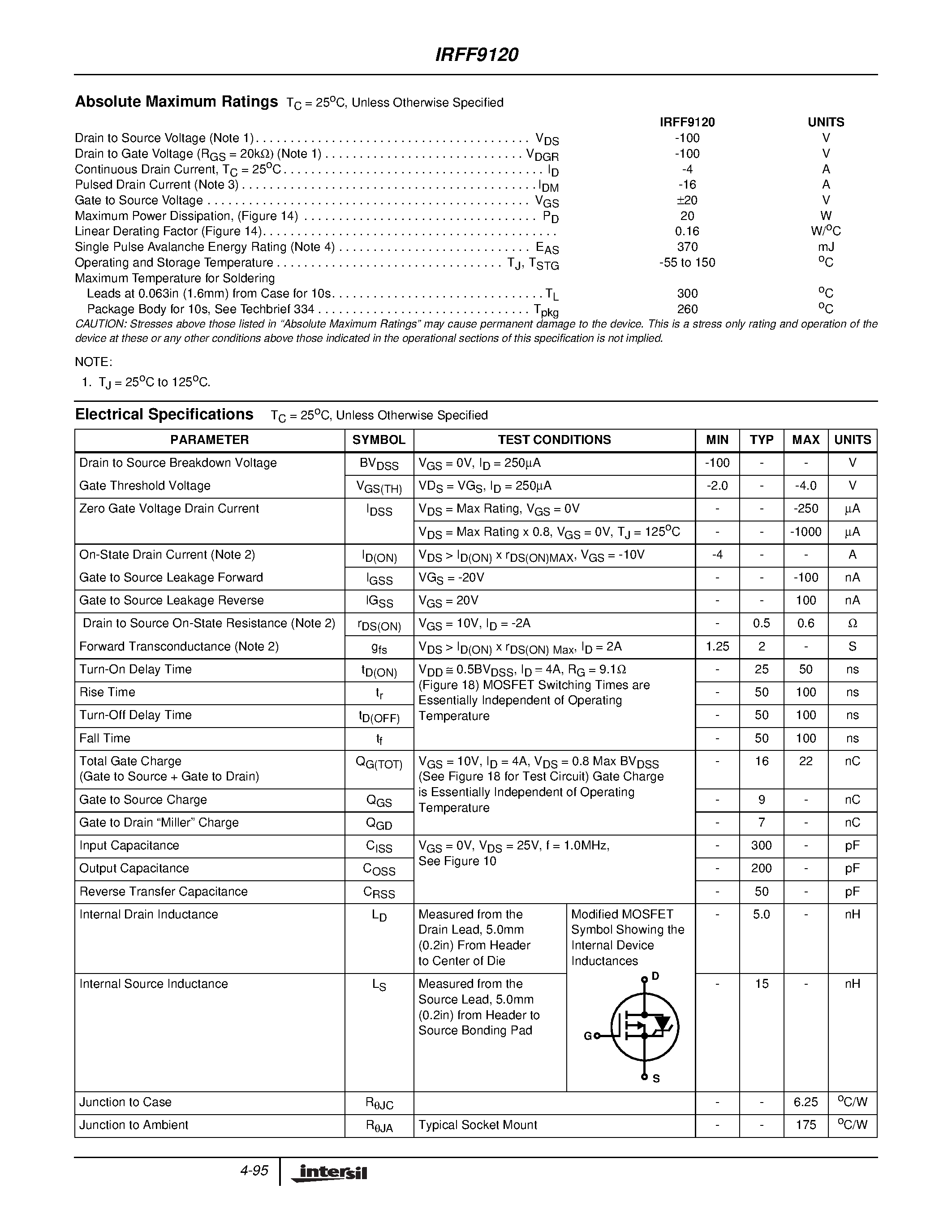 Datasheet IRFF9120 - 4A/ 100V/ 0.60 Ohm/ P-Channel Power MOSFET page 2
