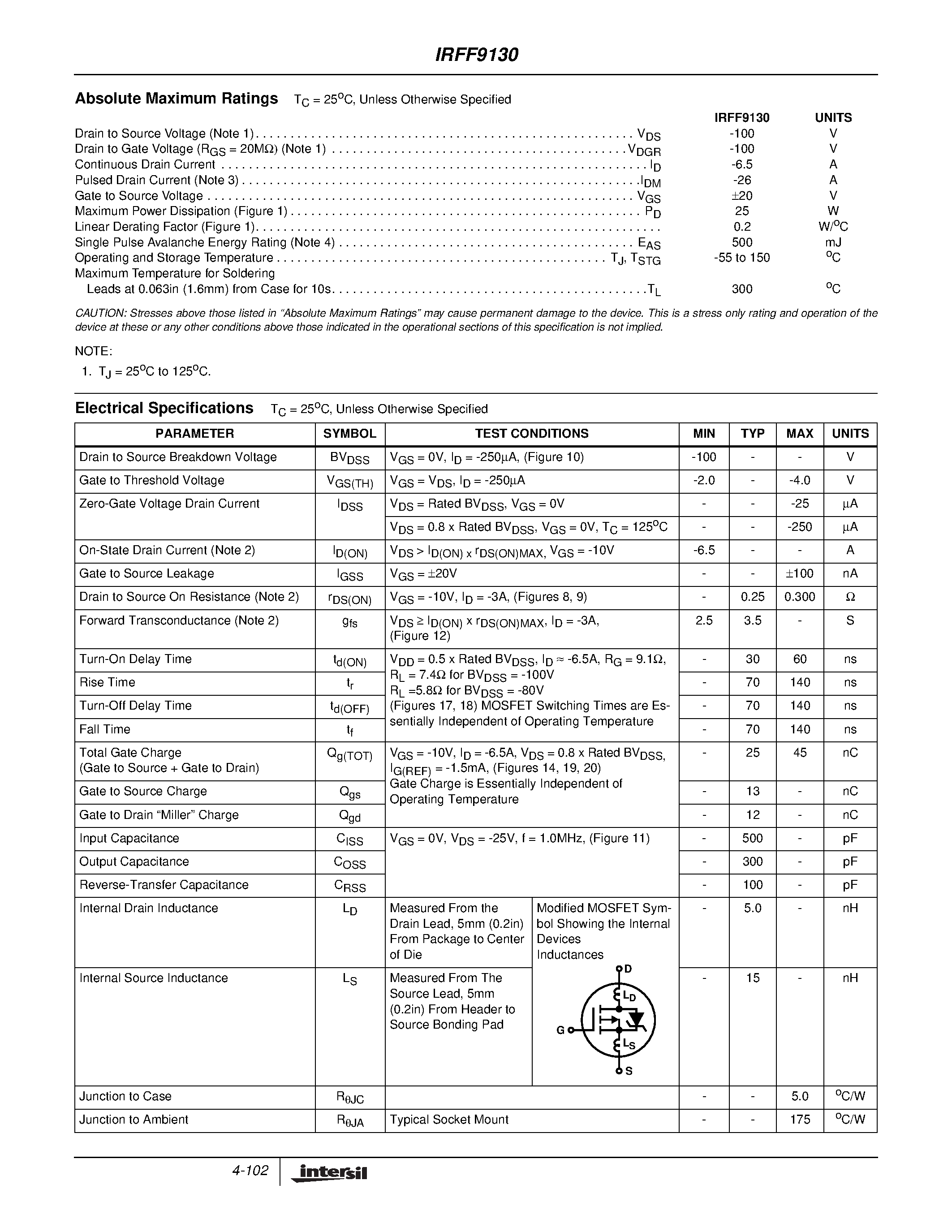Datasheet IRFF9130 - -6.5A/ -100V/ 0.300 Ohm/ P-Channel Power MOSFET page 2