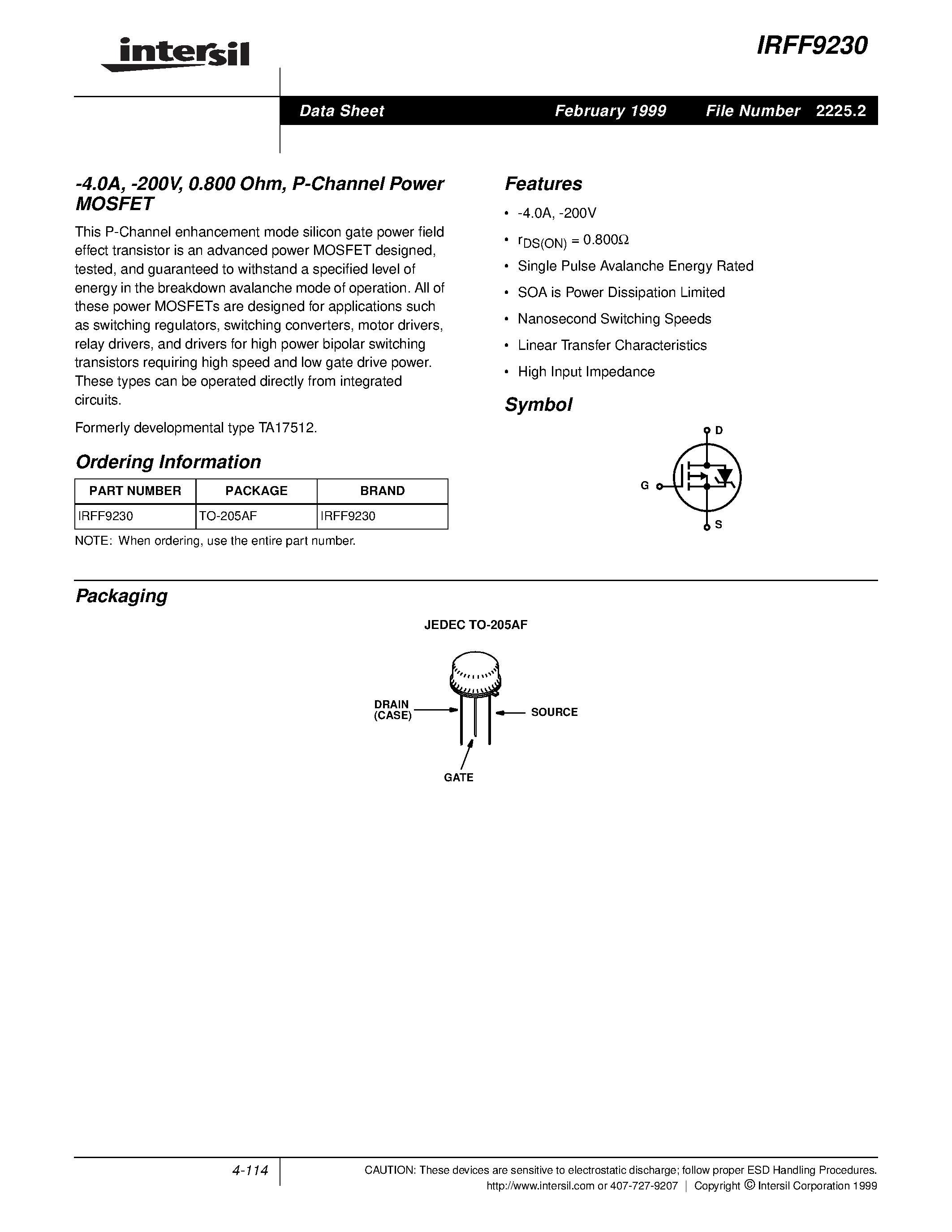 Даташит IRFF9230 - -4.0A/ -200V/ 0.800 Ohm/ P-Channel Power MOSFET страница 1