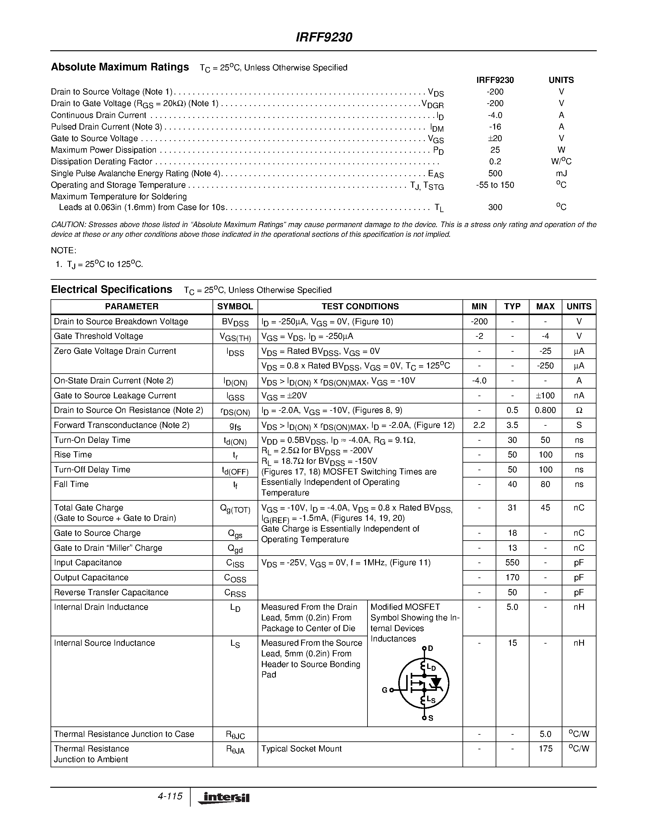 Даташит IRFF9230 - -4.0A/ -200V/ 0.800 Ohm/ P-Channel Power MOSFET страница 2