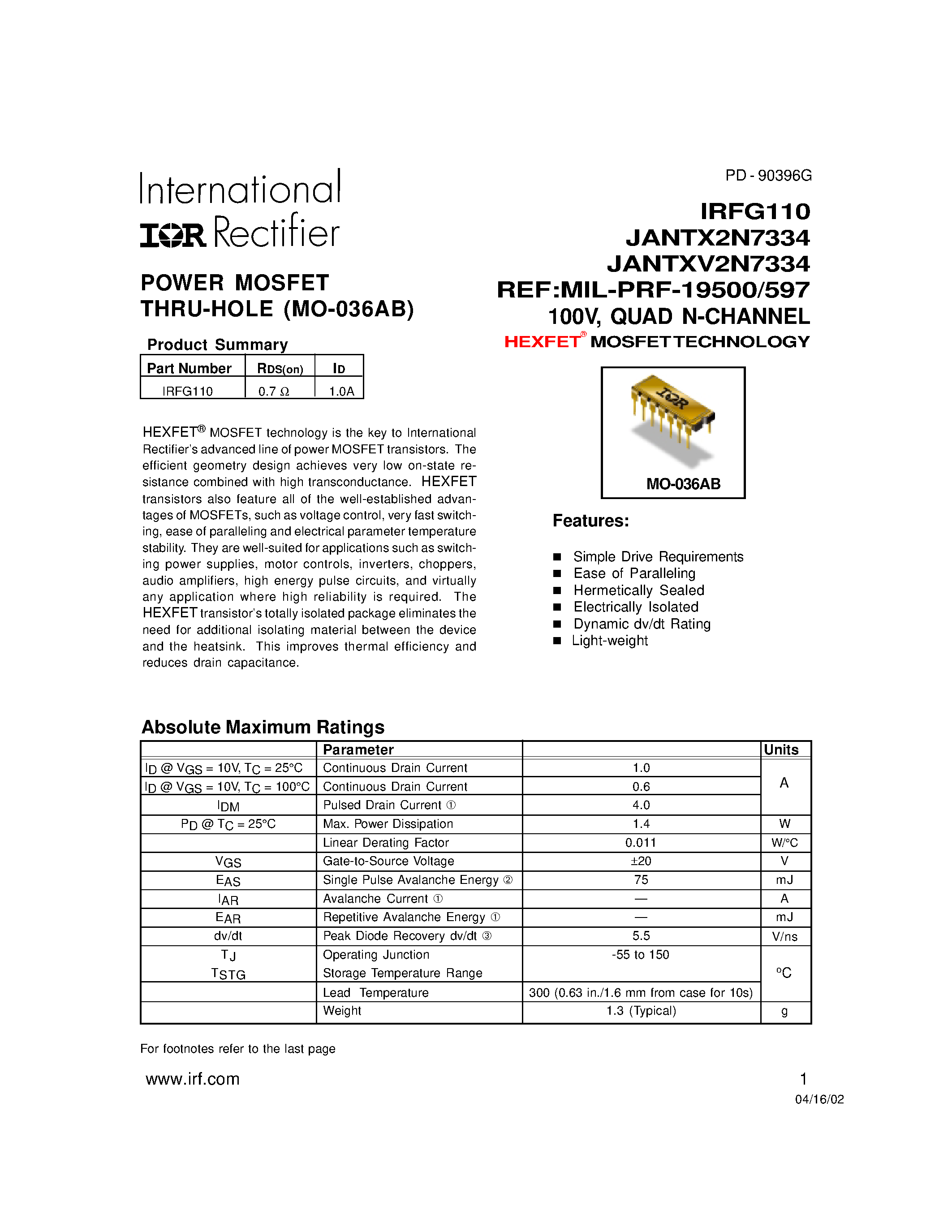 Datasheet IRFG110 - POWER MOSFET THRU-HOLE (MO-036AB) page 1