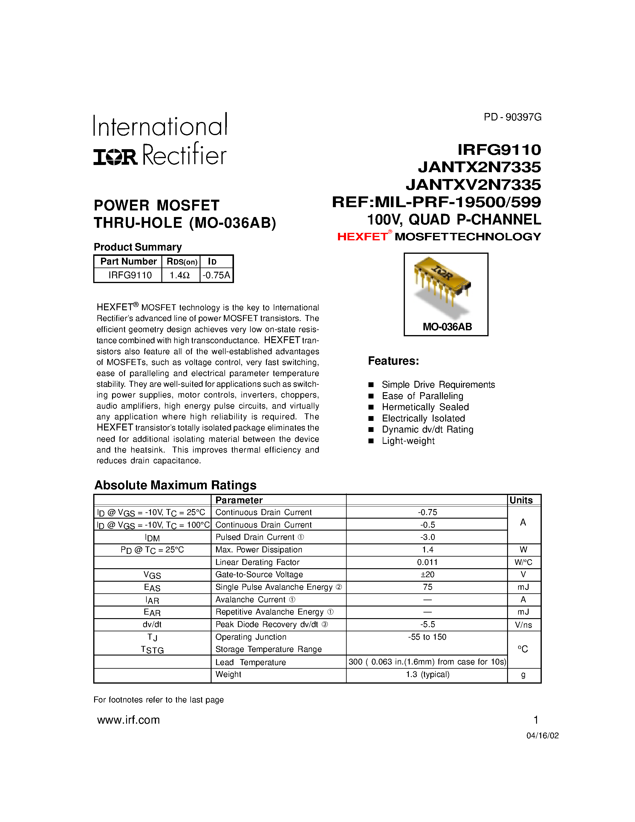 Datasheet IRFG9110 - POWER MOSFET THRU-HOLE (MO-036AB) page 1