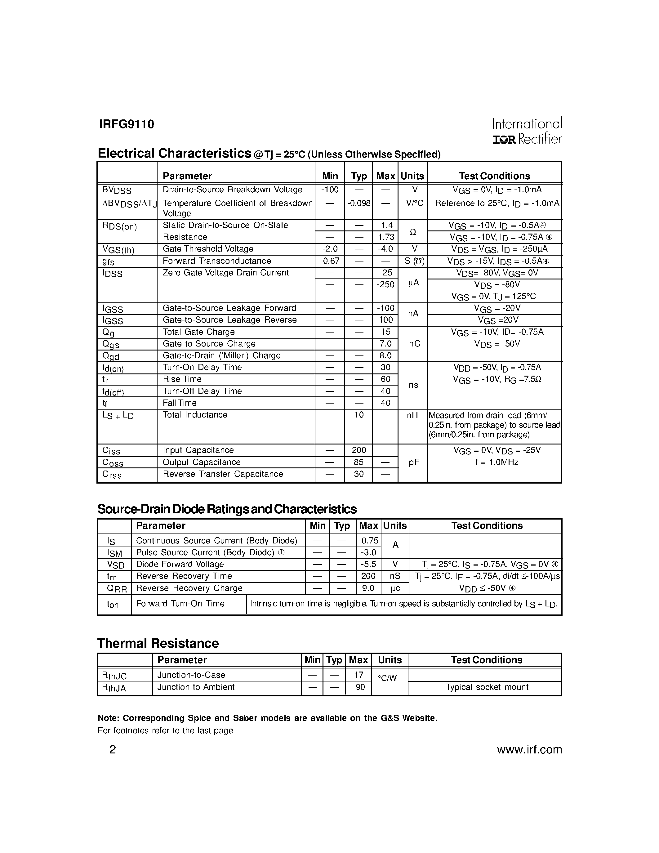 Datasheet IRFG9110 - POWER MOSFET THRU-HOLE (MO-036AB) page 2