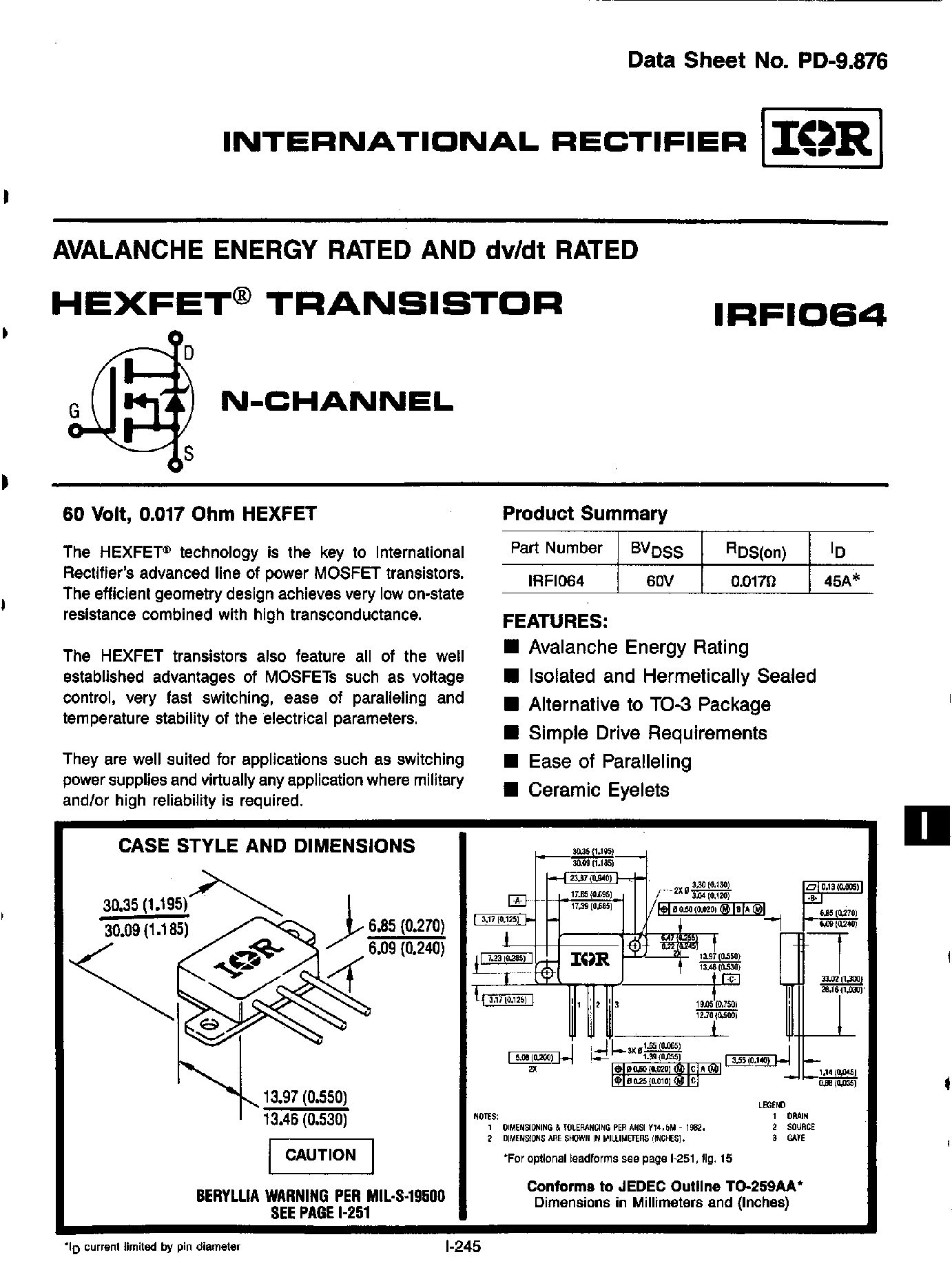 Datasheet IRFI064 - TRANSISTOR N-CHANNEL(Vdss=60V/ Rds(on)=0.017ohm/ Id=45A*) page 1