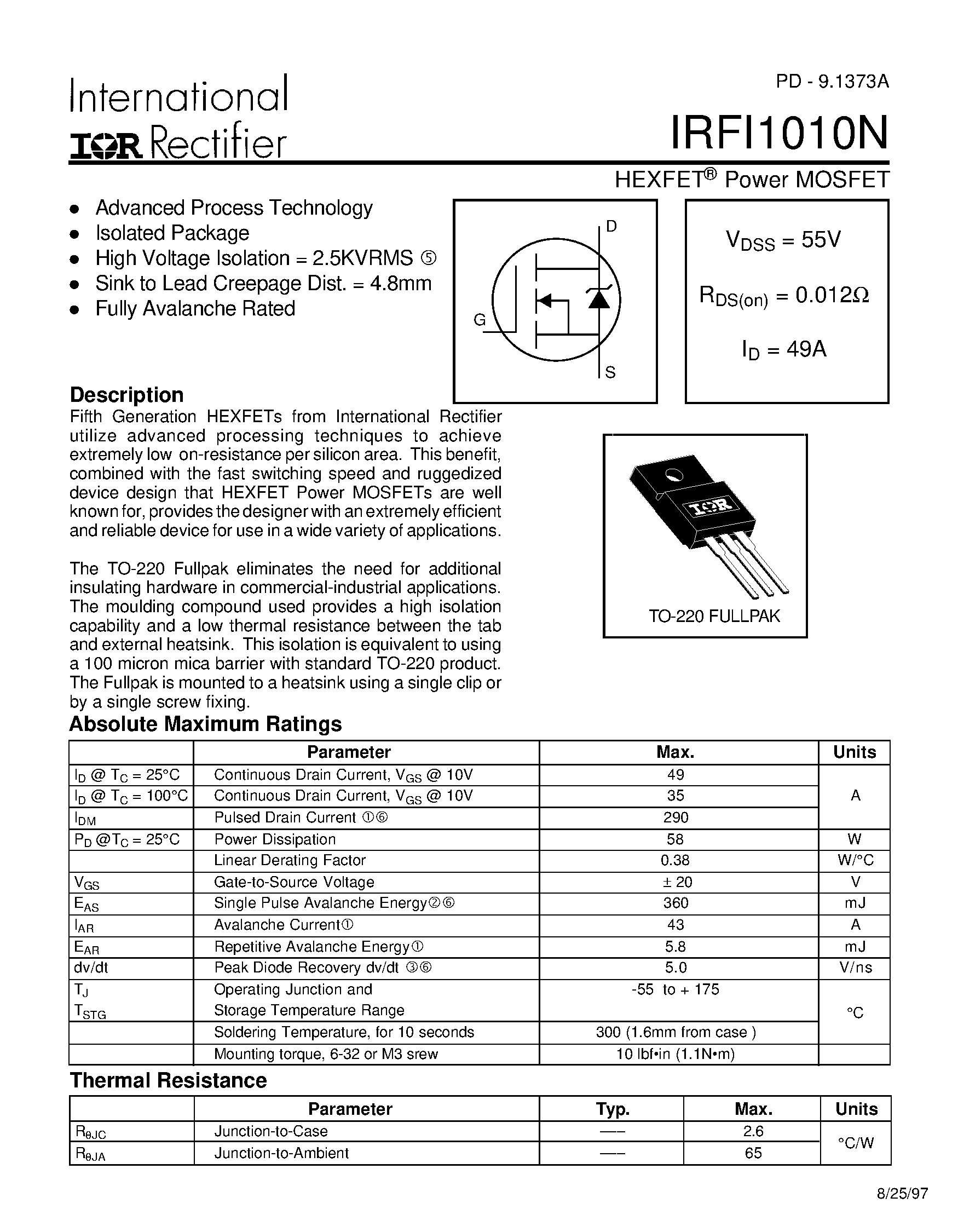 Datasheet IRFI1010 - Power MOSFET(Vdss=55V/ Rds(on)=0.012ohm/ Id=49A) page 1