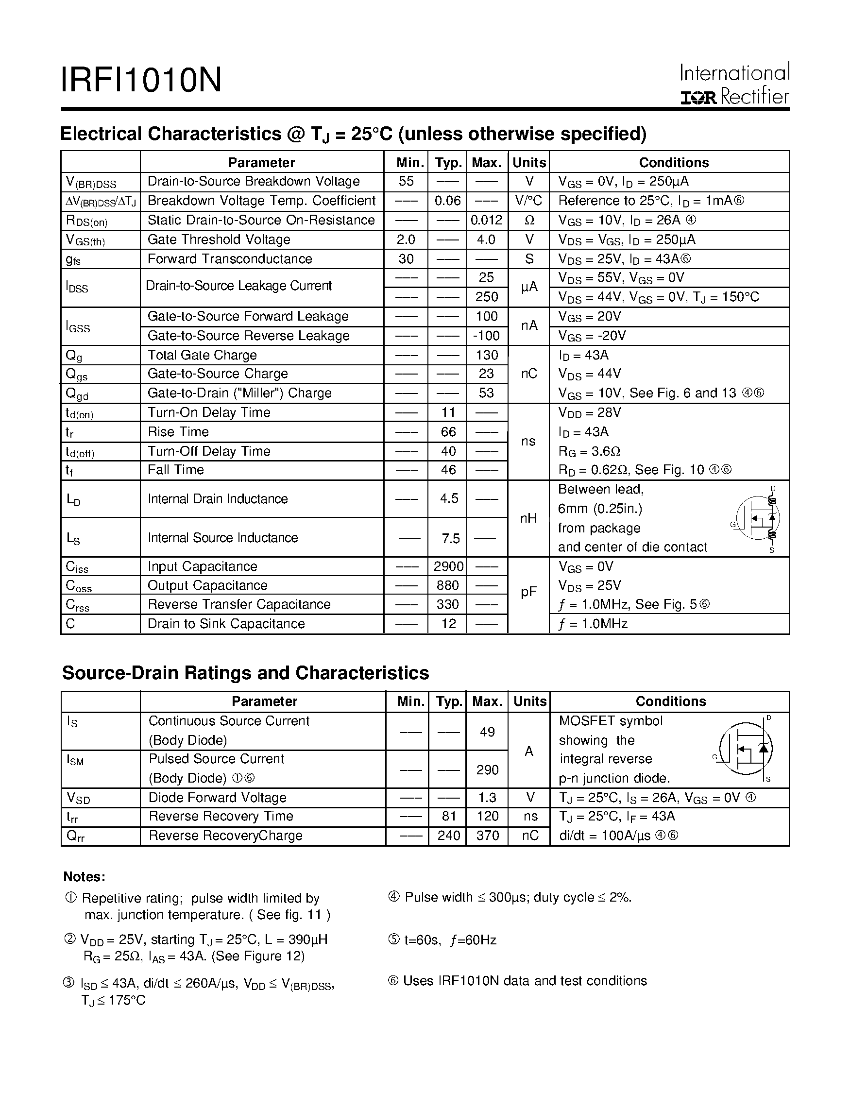 Datasheet IRFI1010 - Power MOSFET(Vdss=55V/ Rds(on)=0.012ohm/ Id=49A) page 2