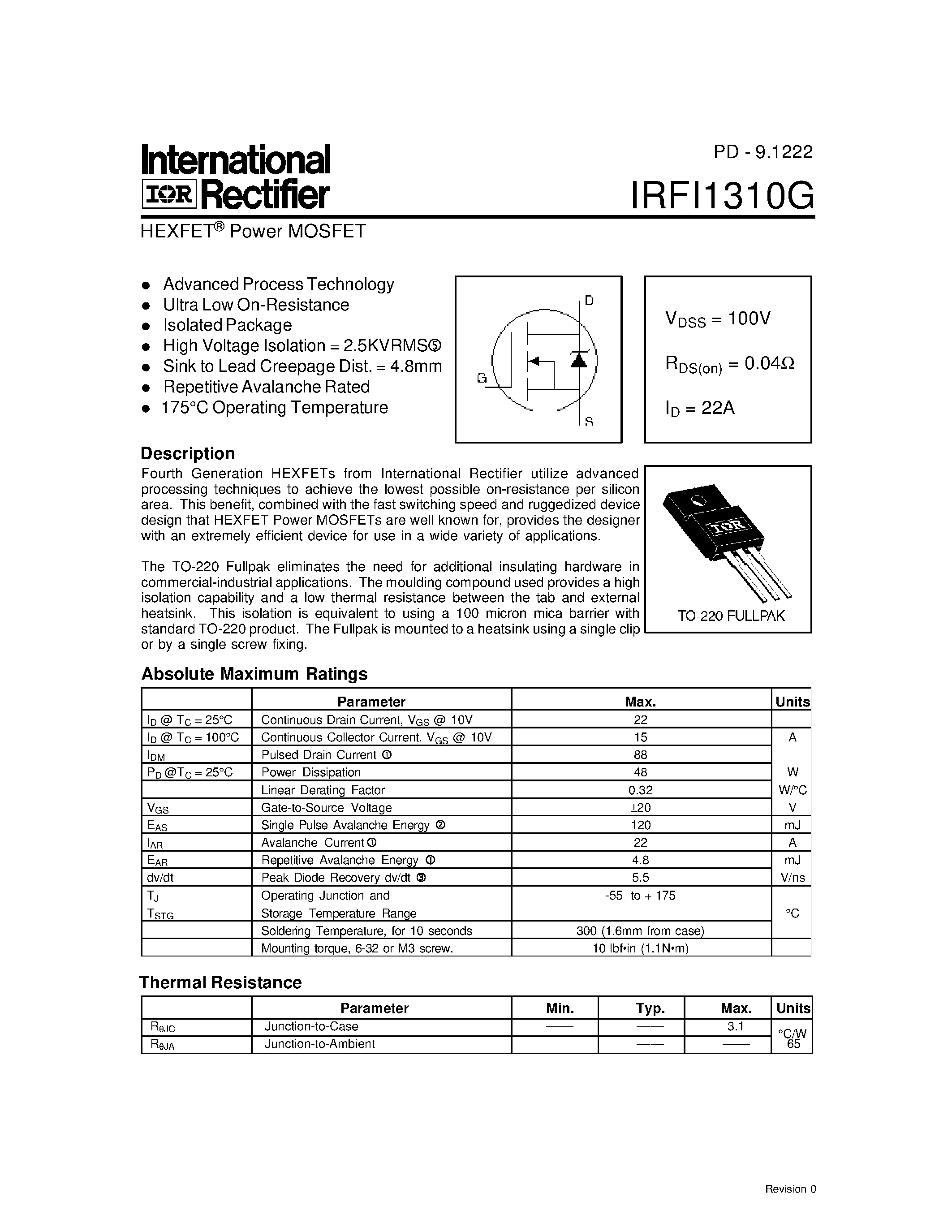 Datasheet IRFI1310G - Power MOSFET(Vdss=100V/ Rds(on)=0.04ohm/ Id=22A) page 1