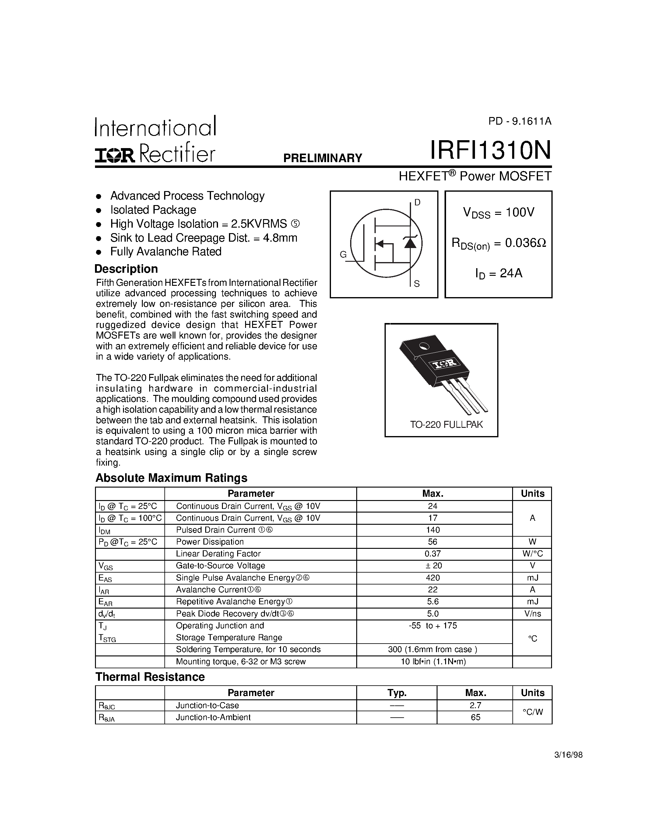Datasheet IRFI1310N - Power MOSFET(Vdss=100V/ Rds(on)=0.036ohm/ Id=24A) page 1