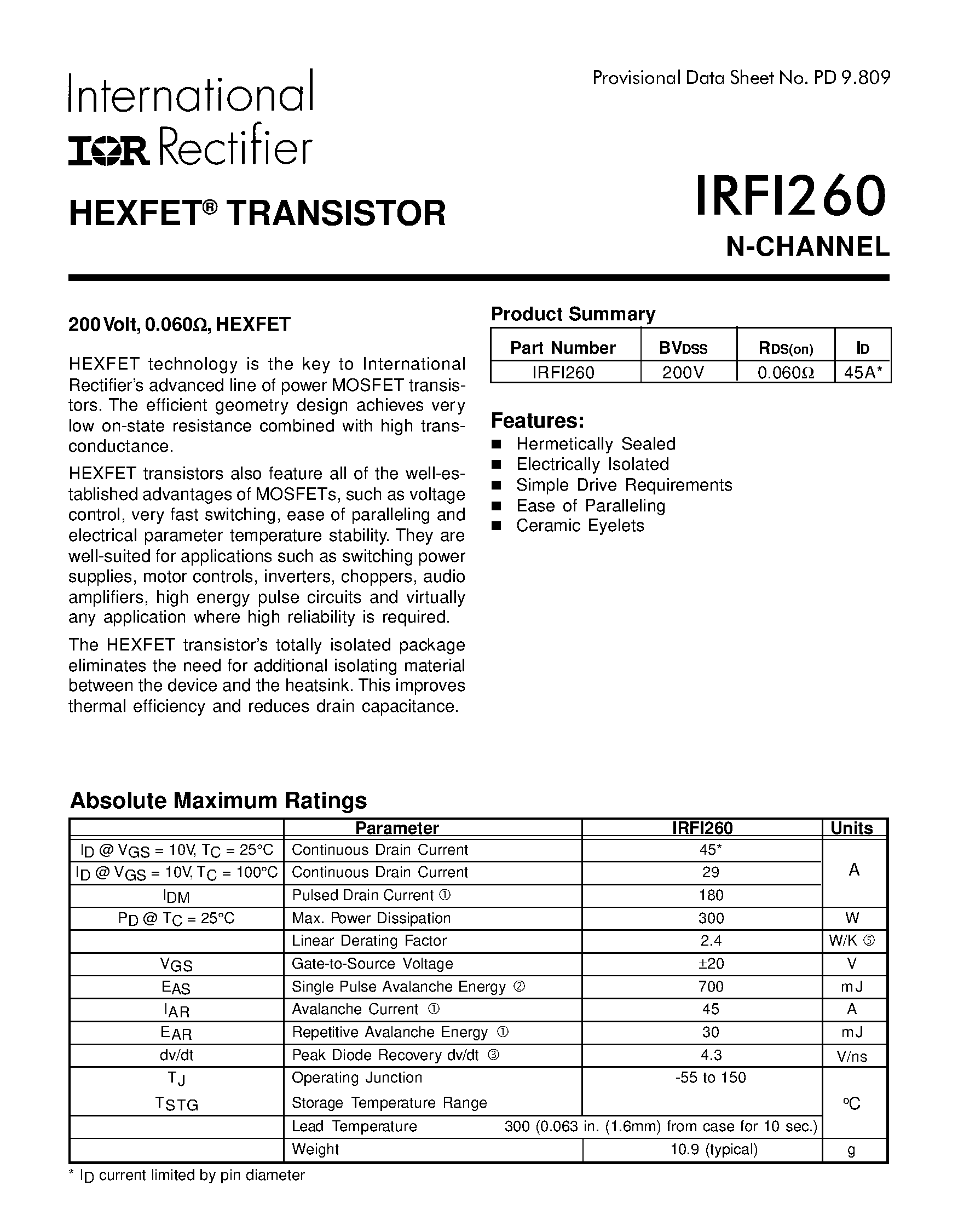Datasheet IRFI260 - TRANSISTOR N-CHANNEL(Vdss=200V/ Rds(on)=0.060ohm/ Id=45A*) page 1