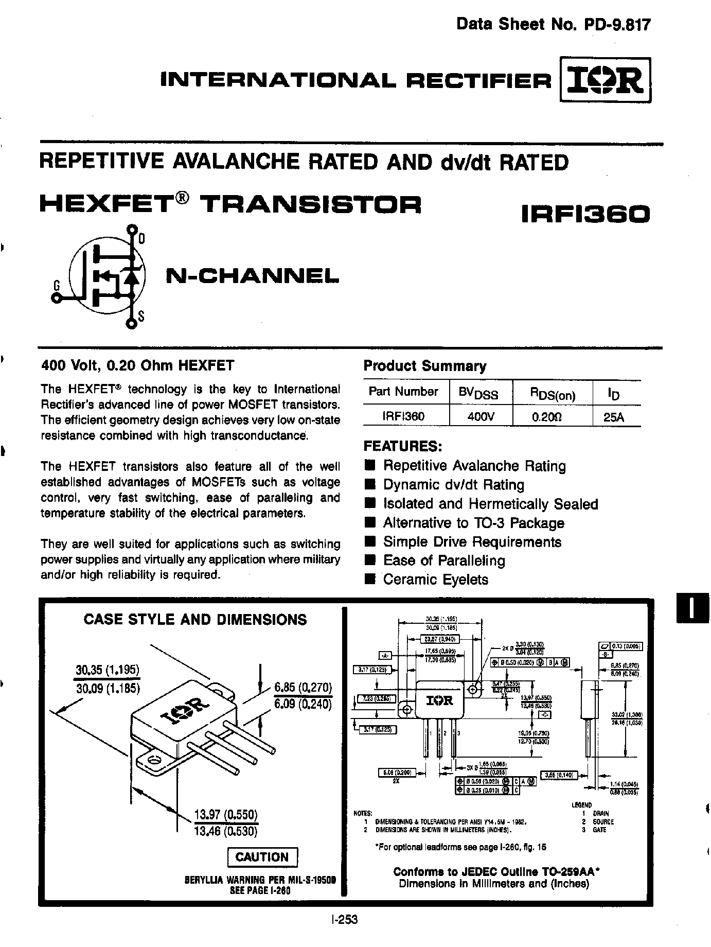 Datasheet IRFI360 - TRANSISTOR N-CHANNEL(Vdss=400V/ Rds(on)=0.20ohm/ Id=25A) page 1
