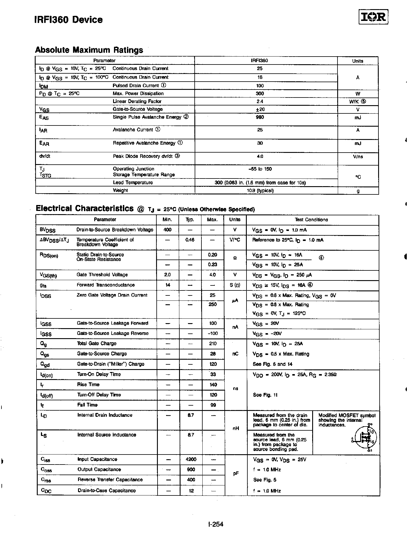 Datasheet IRFI360 - TRANSISTOR N-CHANNEL(Vdss=400V/ Rds(on)=0.20ohm/ Id=25A) page 2
