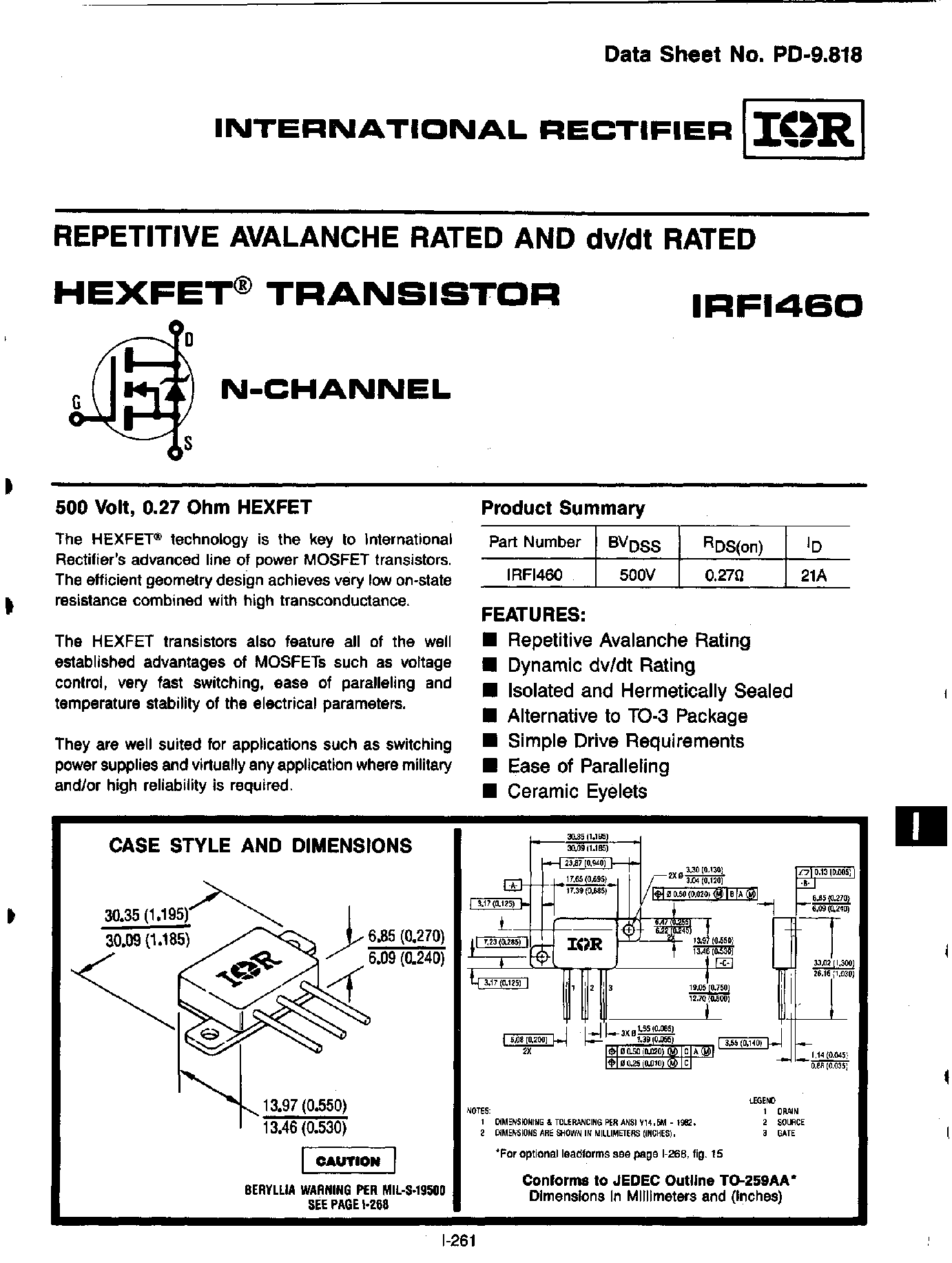 Datasheet IRFI460 - TRANSISTOR N-CHANNEL(Vdss=500V/ Rds(on)=0.27ohm/ Id=21A) page 1