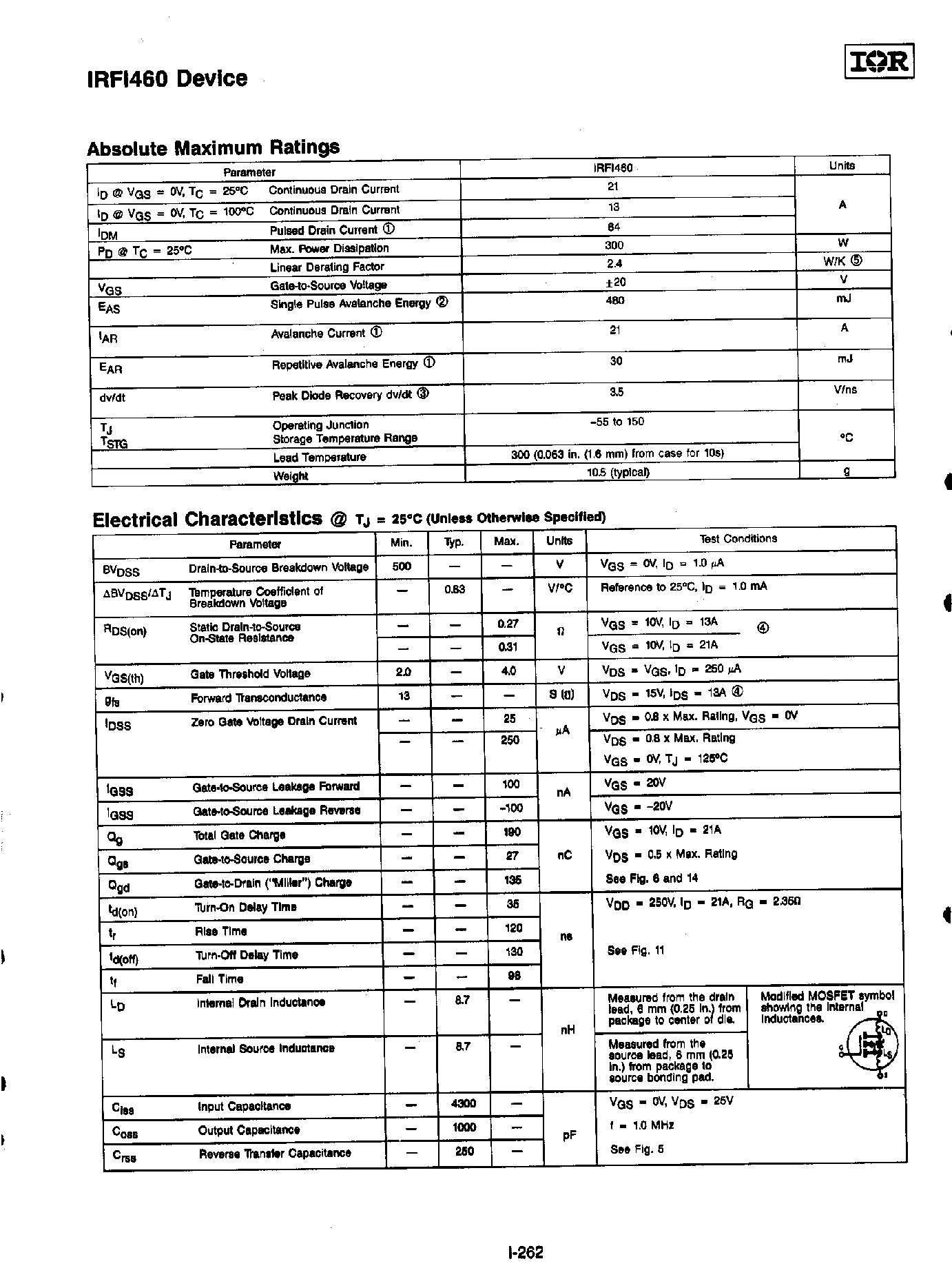 Datasheet IRFI460 - TRANSISTOR N-CHANNEL(Vdss=500V/ Rds(on)=0.27ohm/ Id=21A) page 2