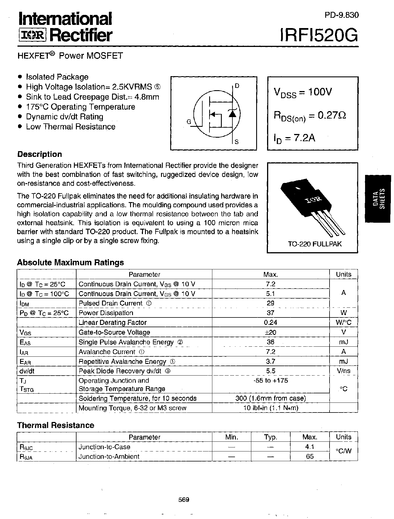 Datasheet IRFI520G - HEXFET POWER MOSFET page 1
