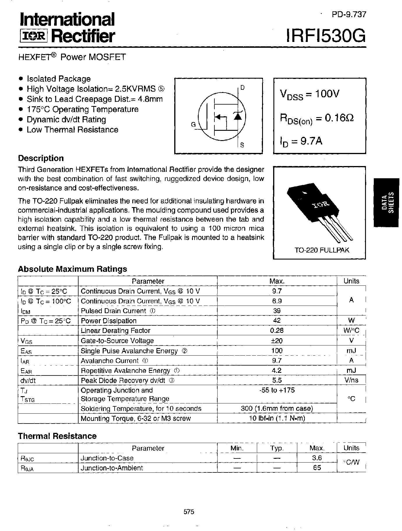 Datasheet IRFI530G - HEXFET POWER MOSFET page 1