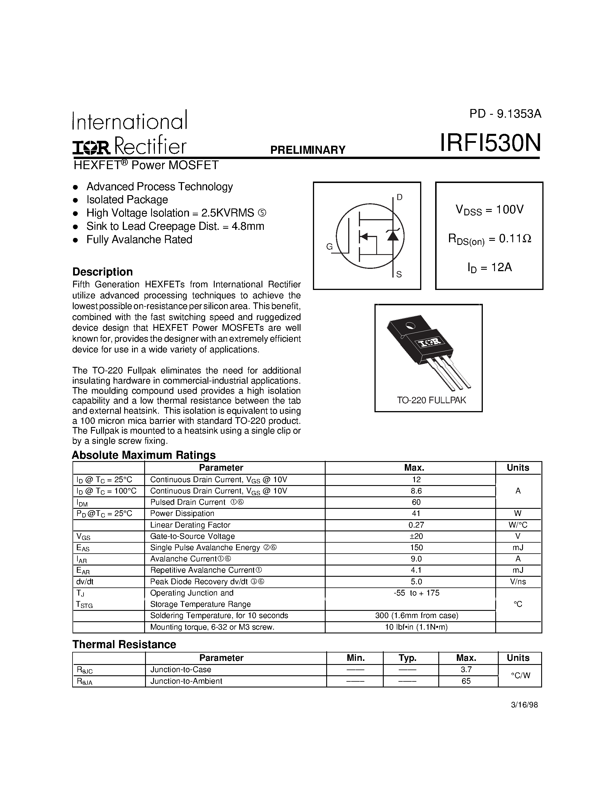 Datasheet IRFI530N - HEXFET Power MOSFET page 1