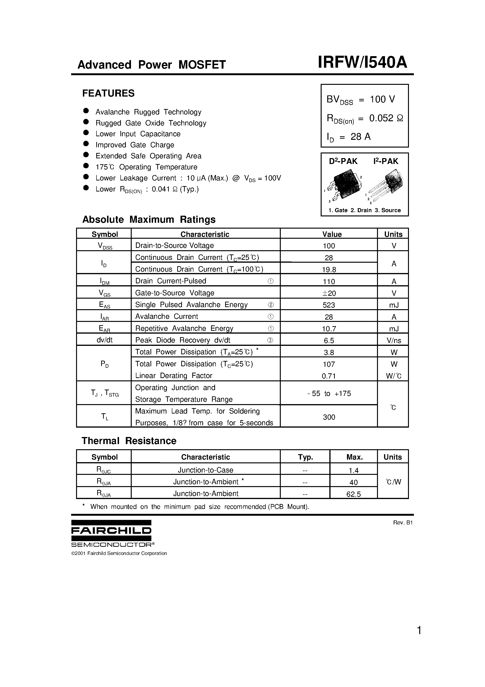 Datasheet IRFI540A - Advanced Power MOSFET page 1