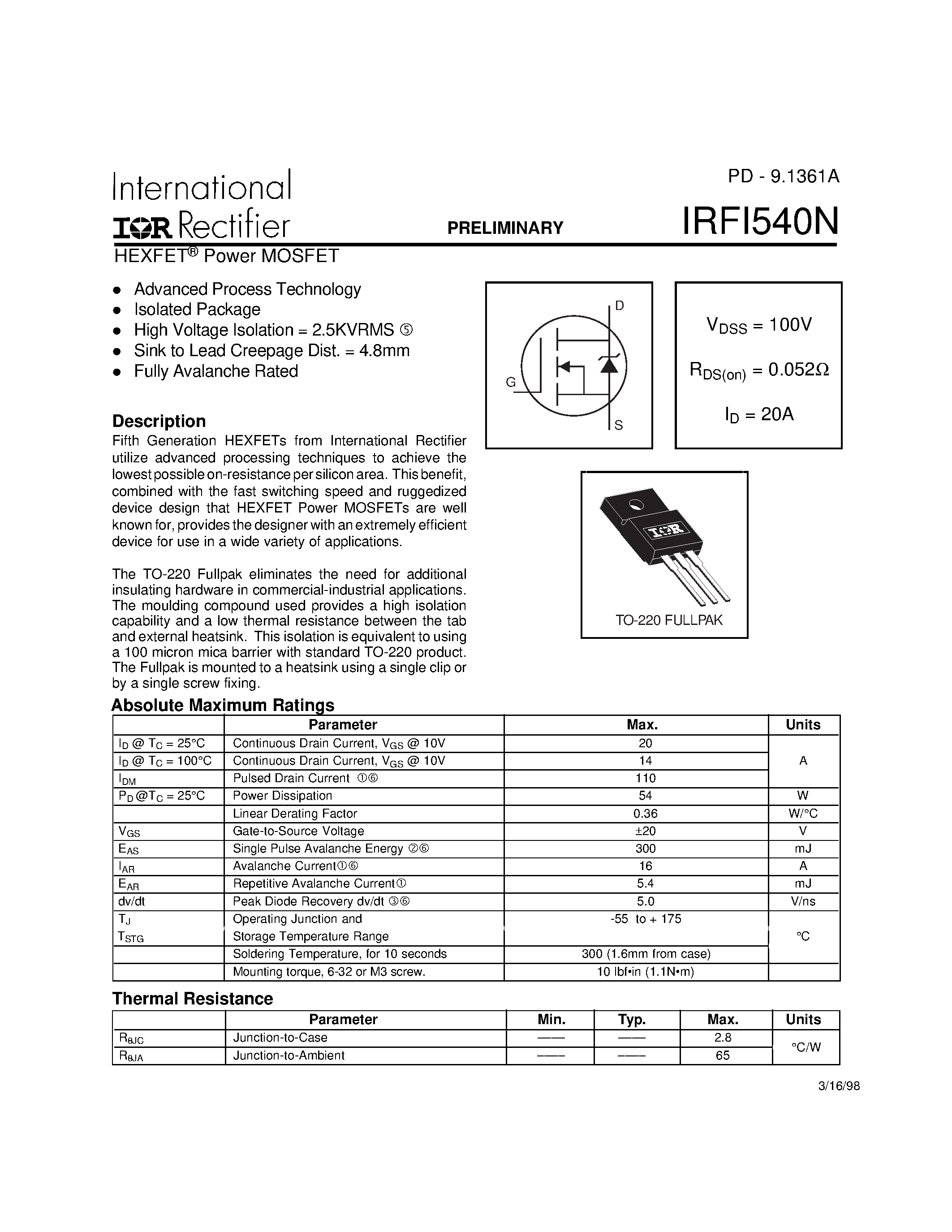 Datasheet IRFI540N - Power MOSFET(Vdss=100V/ Rds(on)=0.052ohm/ Id=20A) page 1