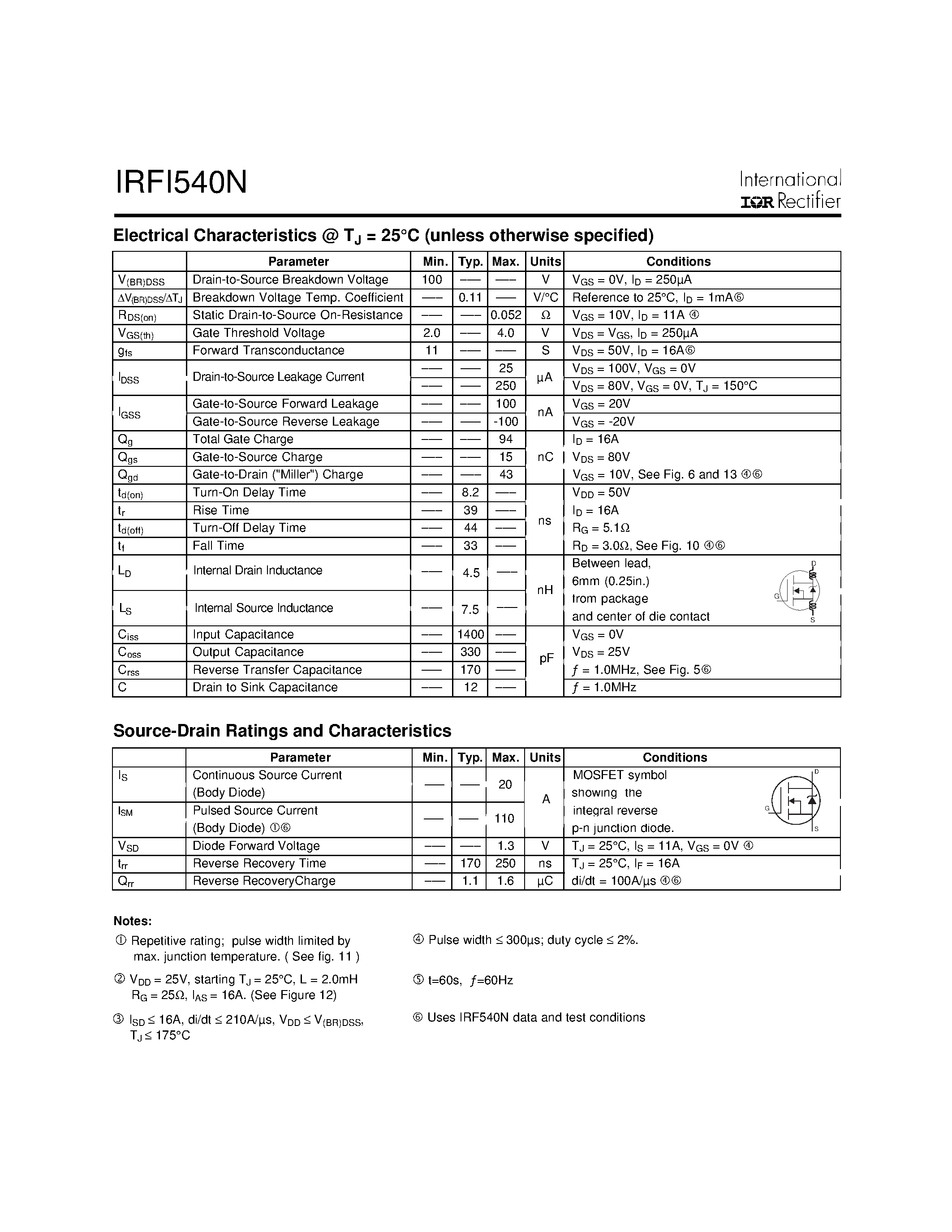 Datasheet IRFI540N - Power MOSFET(Vdss=100V/ Rds(on)=0.052ohm/ Id=20A) page 2