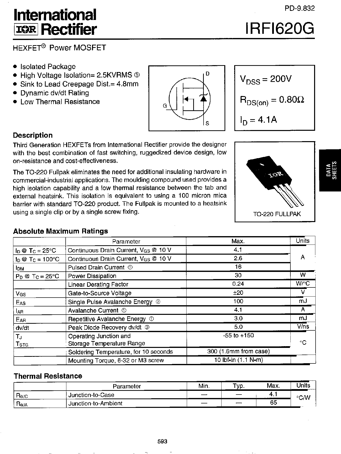 Даташит IRFI620G - Power MOSFET(Vdss=200V/ Rds(on)=0.80ohm/ Id=4.1A) страница 1