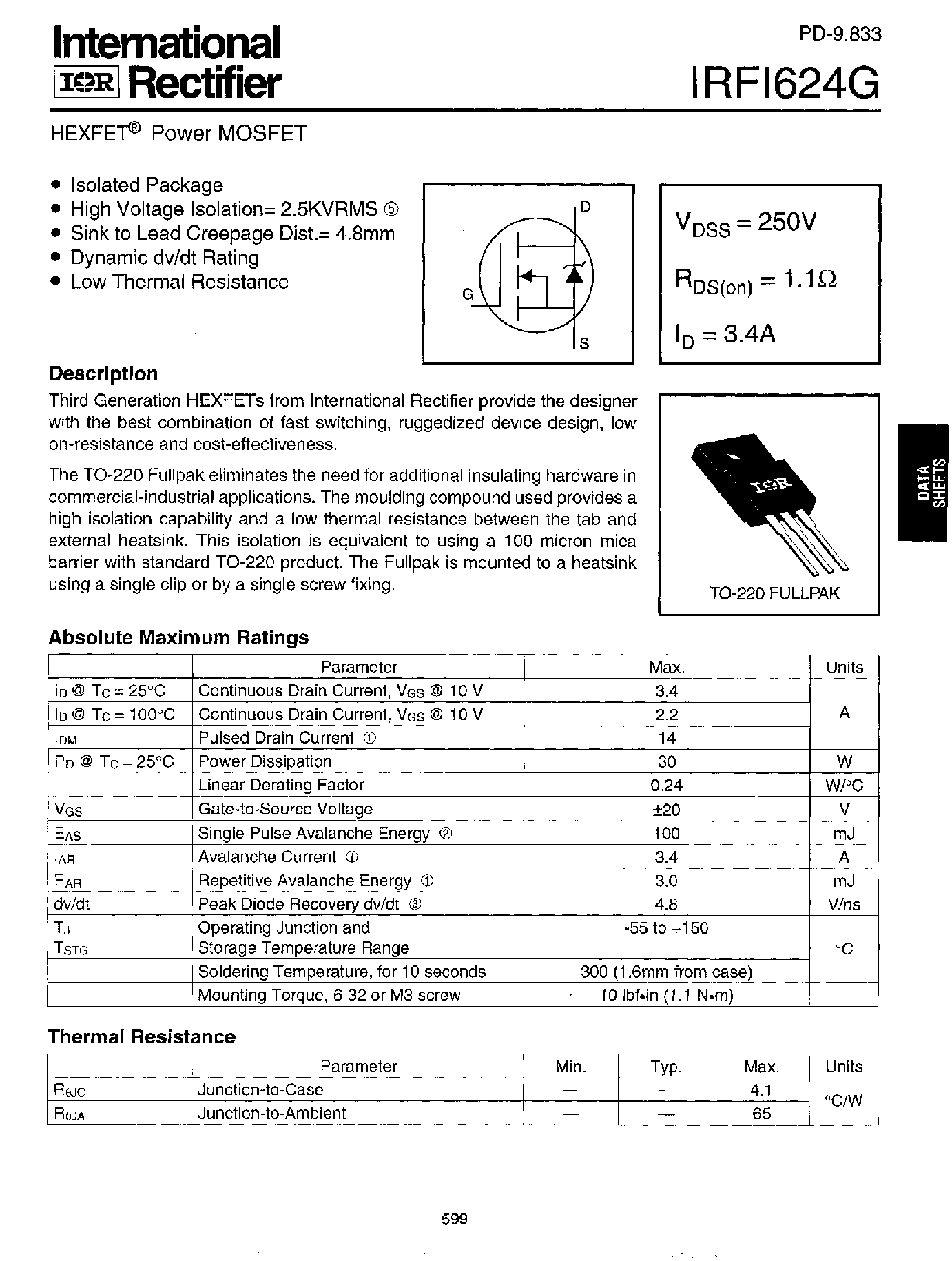 Datasheet IRFI624G - Power MOSFET(Vdss=250V/ Rds(on)=1.1ohm/ Id=3.4A) page 1