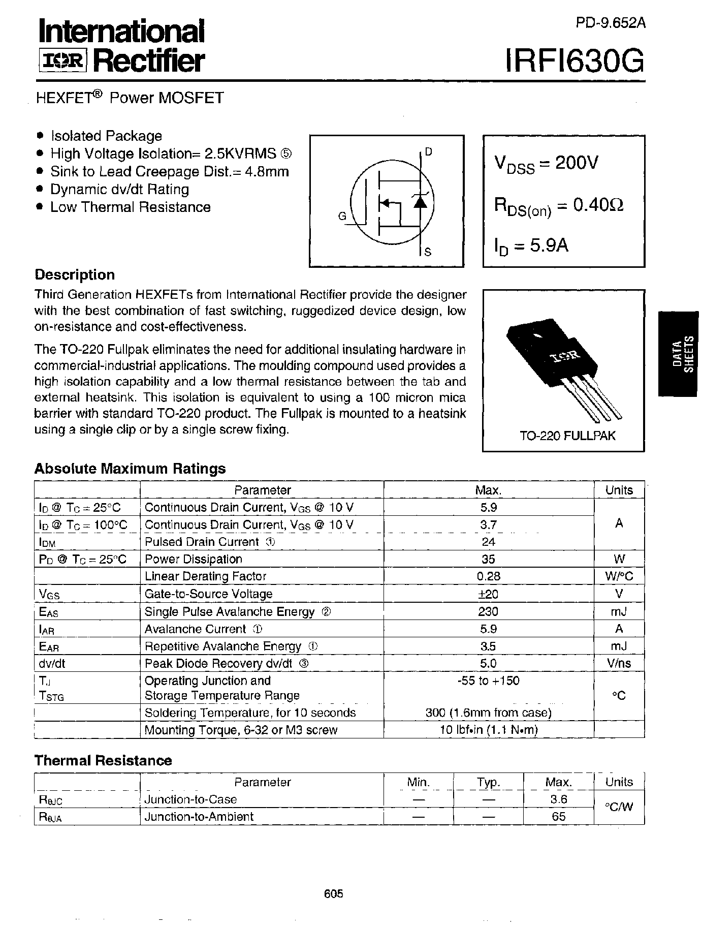 Даташит IRFI630G - Power MOSFET(Vdss=200V/ Rds(on)=0.40ohm/ Id=5.9A) страница 1