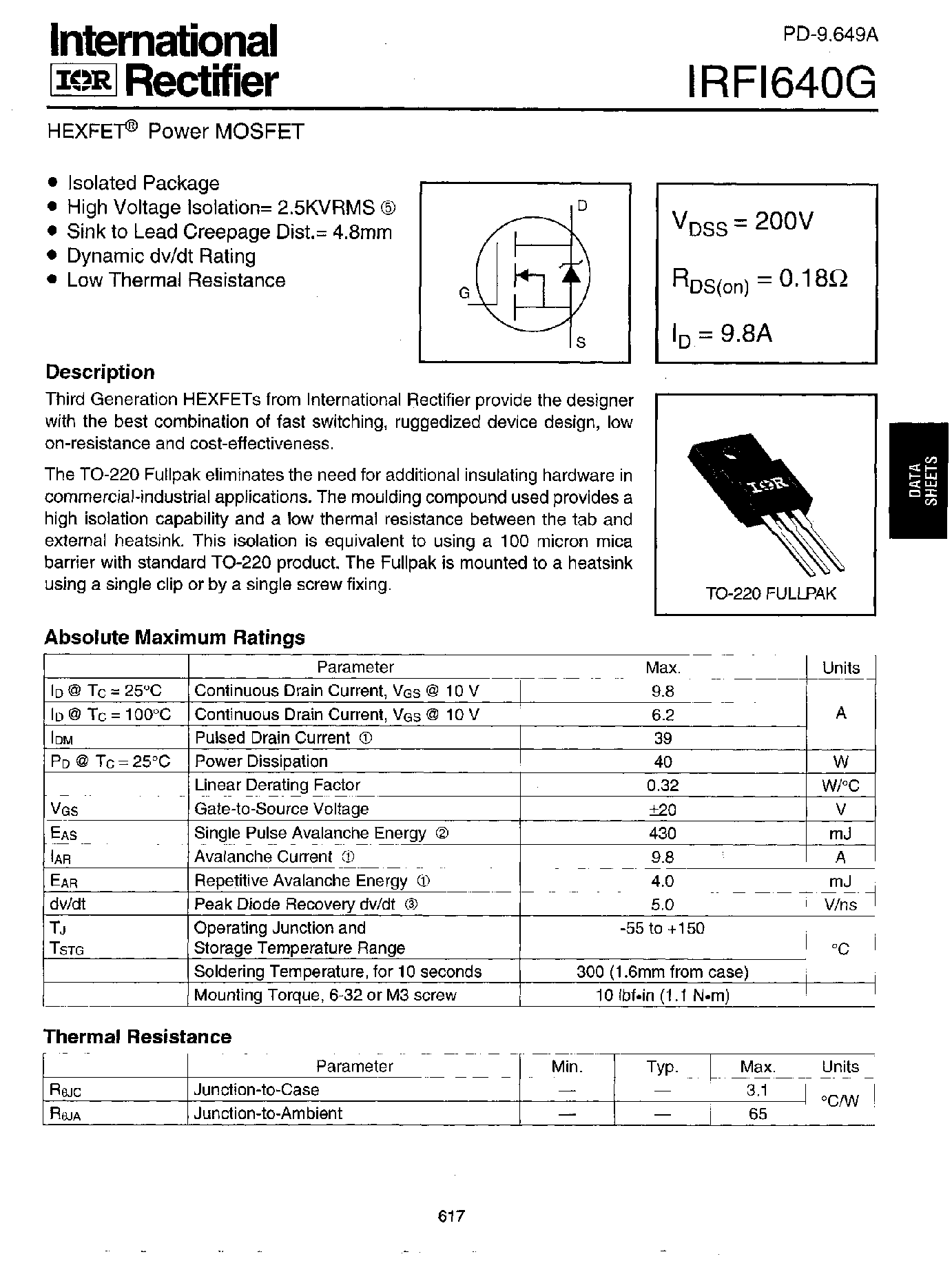 Datasheet IRFI640G - Power MOSFET(Vdss=200V/ Rds(on)=0.18ohm/ Id=9.8A) page 1