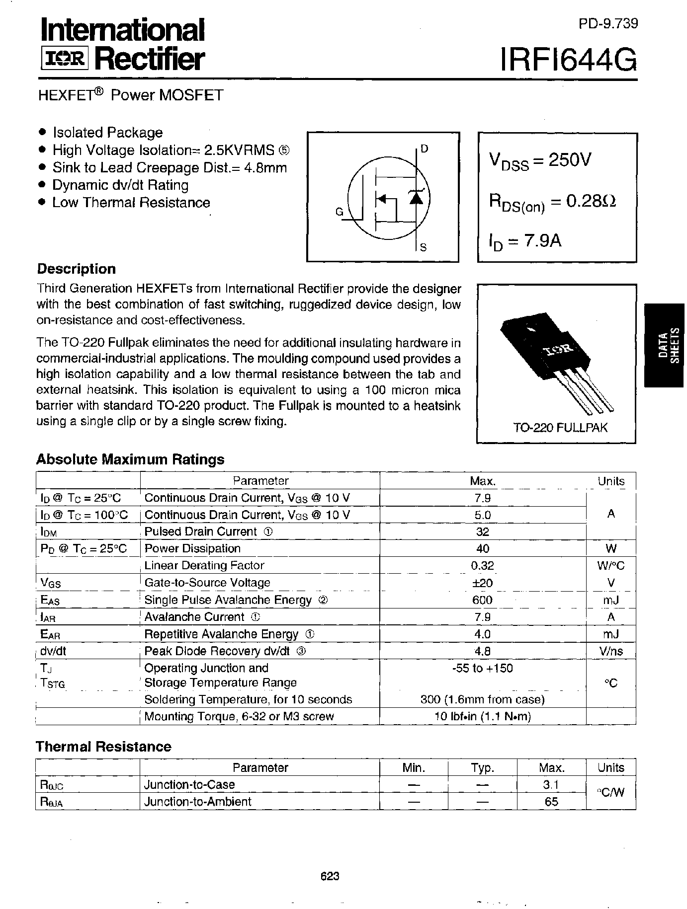 Datasheet IRFI644G - Power MOSFET(Vdss=250V/ Rds(on)=0.28ohm/ Id=7.9A) page 1