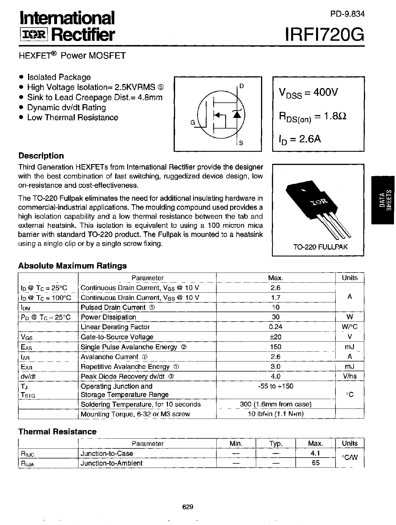 Datasheet IRFI720G - Power MOSFET(Vdss=400V/ Rds(on)=1.8ohm/ Id=2.6A) page 1