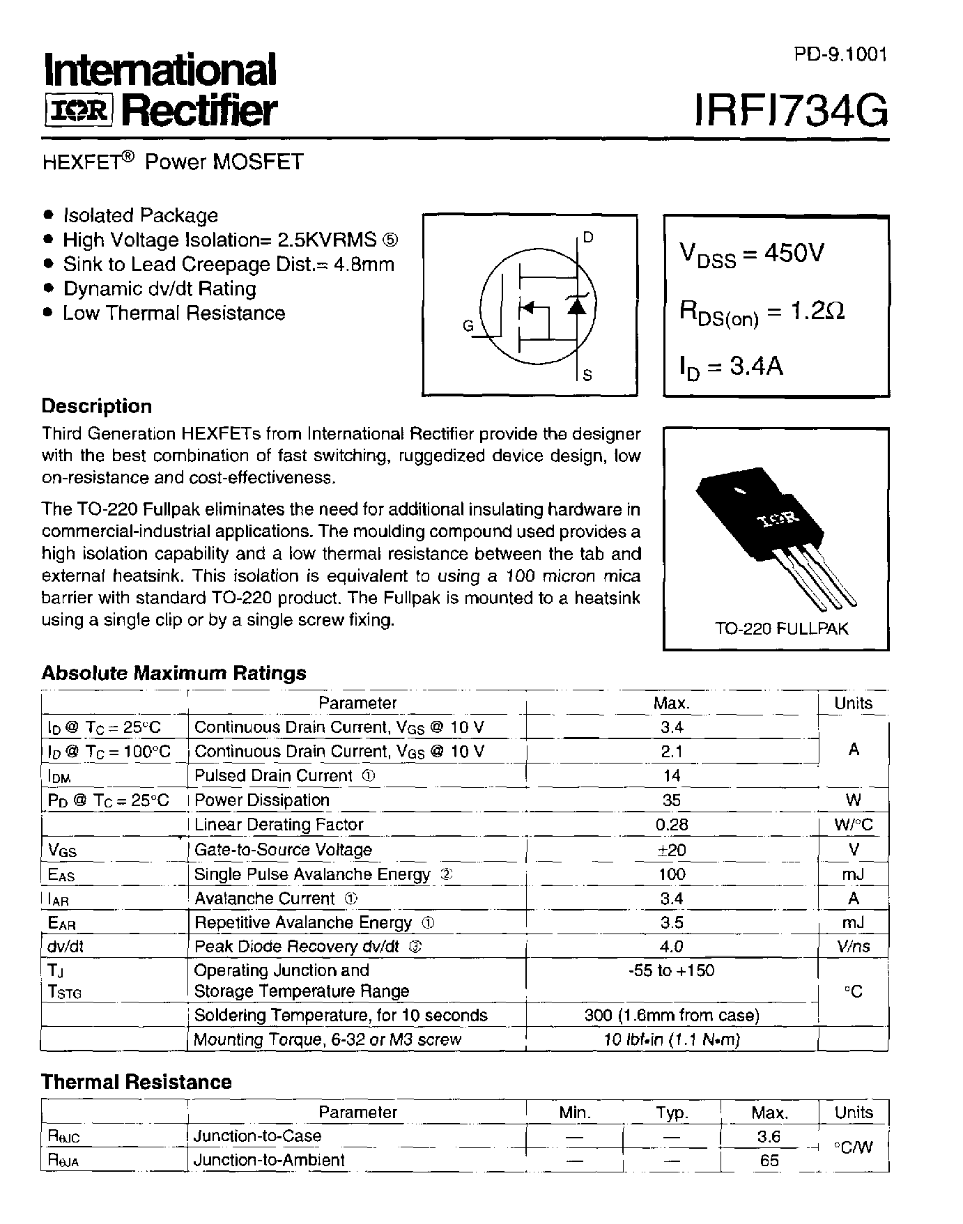 Datasheet IRFI734 - Power MOSFET(Vdss=450V/ Rds(on)=1.2ohm/ Id=3.4A) page 1