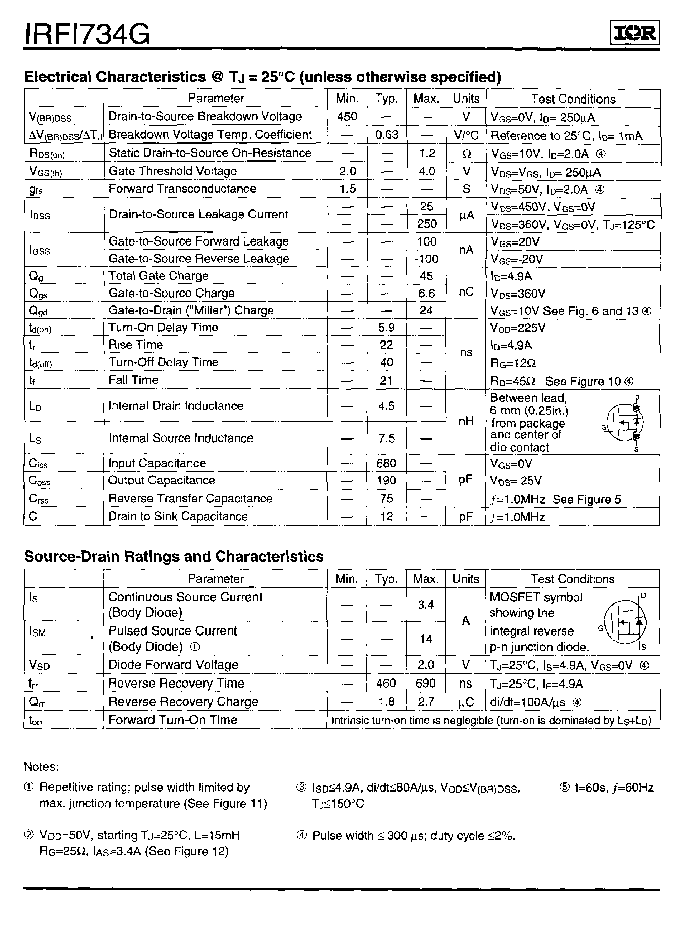 Datasheet IRFI734 - Power MOSFET(Vdss=450V/ Rds(on)=1.2ohm/ Id=3.4A) page 2