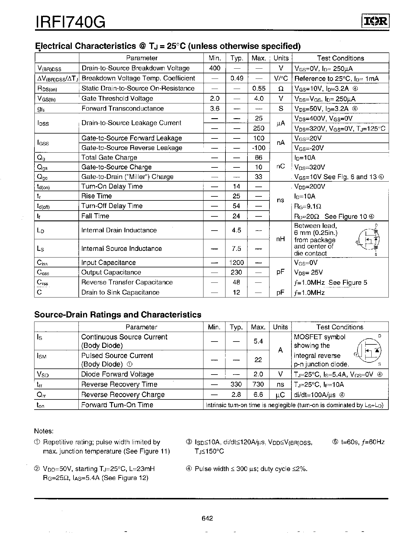 Datasheet IRFI740 - Power MOSFET(Vdss=400V/ Rds(on)=0.55ohm/ Id=5.4A) page 2