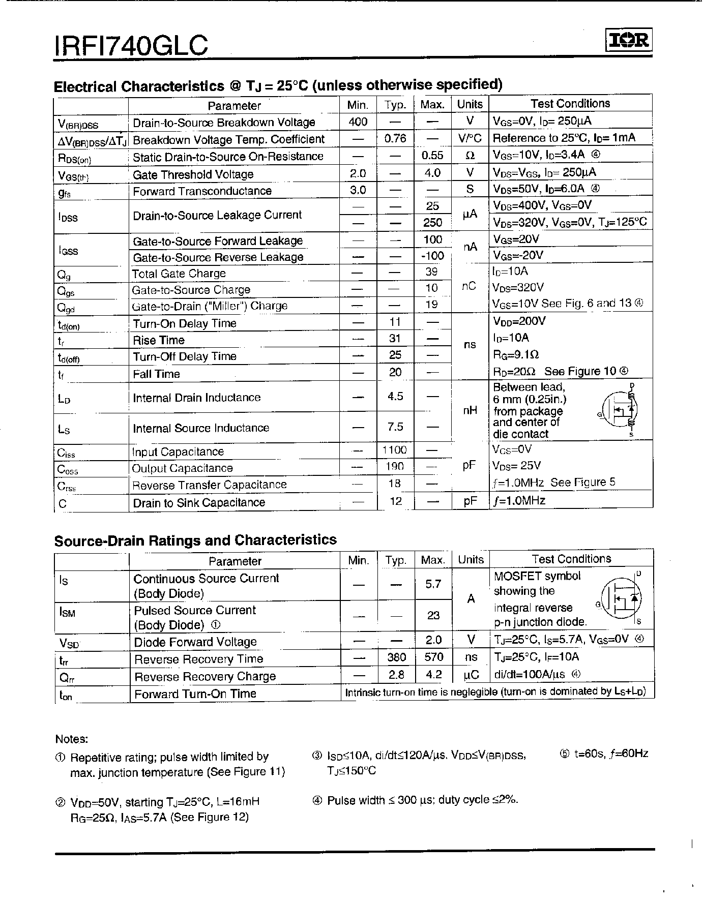Datasheet IRFI740GLC page 2 Datasheet IRFI740GLC - Power MOSFET(Vdss=400V/ Rds(on)=0.55ohm/ Id=5.7A) page 2