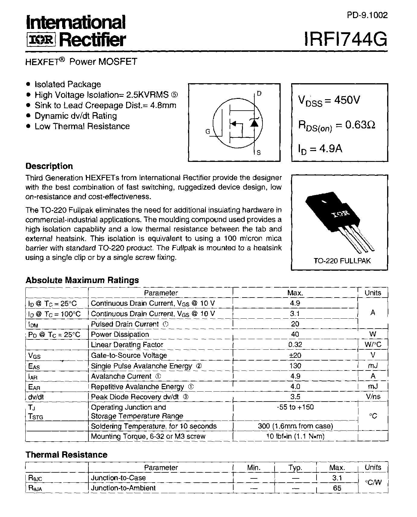 Даташит IRFI744G - Power MOSFET(Vdss=450V/ Rds(on)=0.63ohm/ Id=4.9A) страница 1