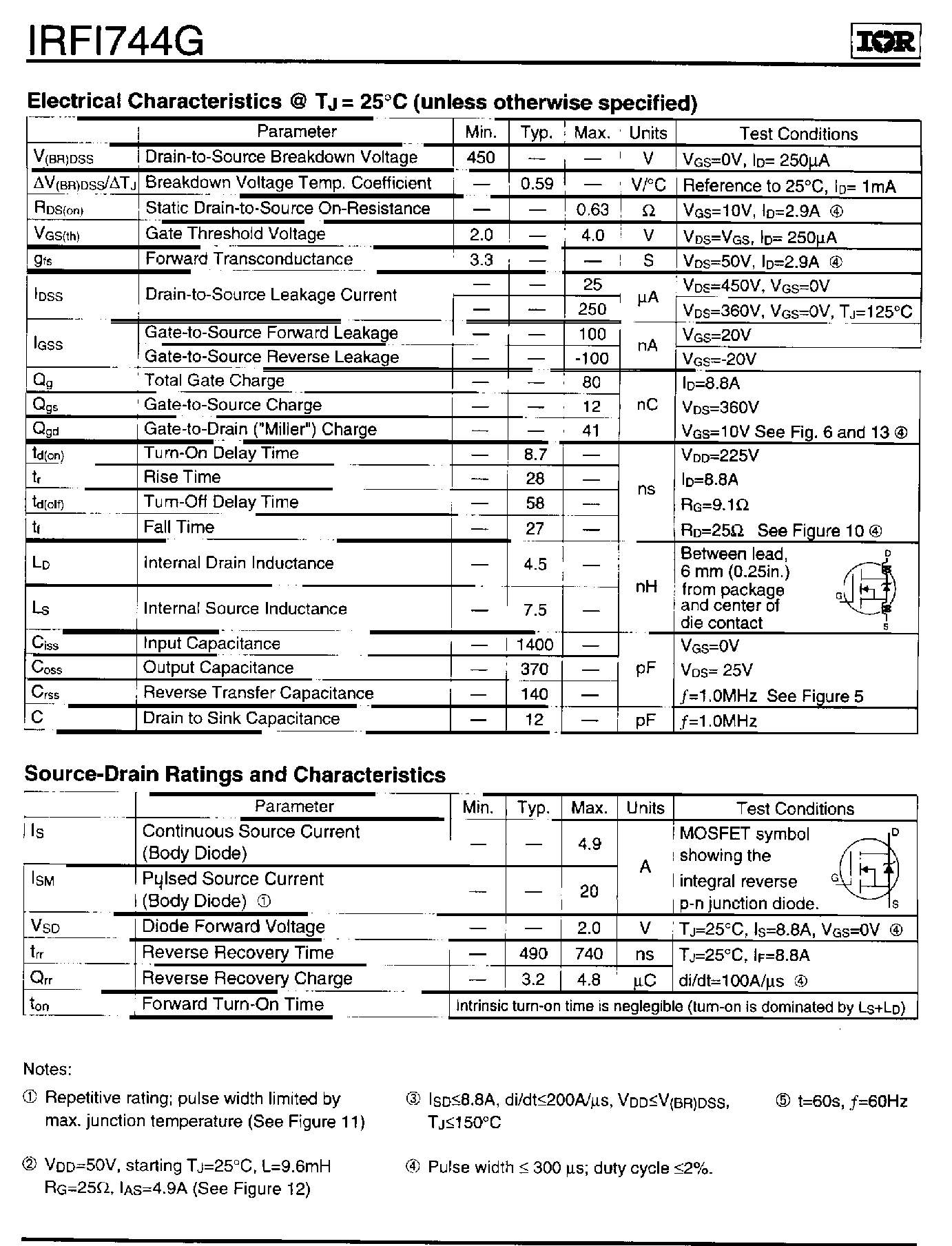 Даташит IRFI744G - Power MOSFET(Vdss=450V/ Rds(on)=0.63ohm/ Id=4.9A) страница 2