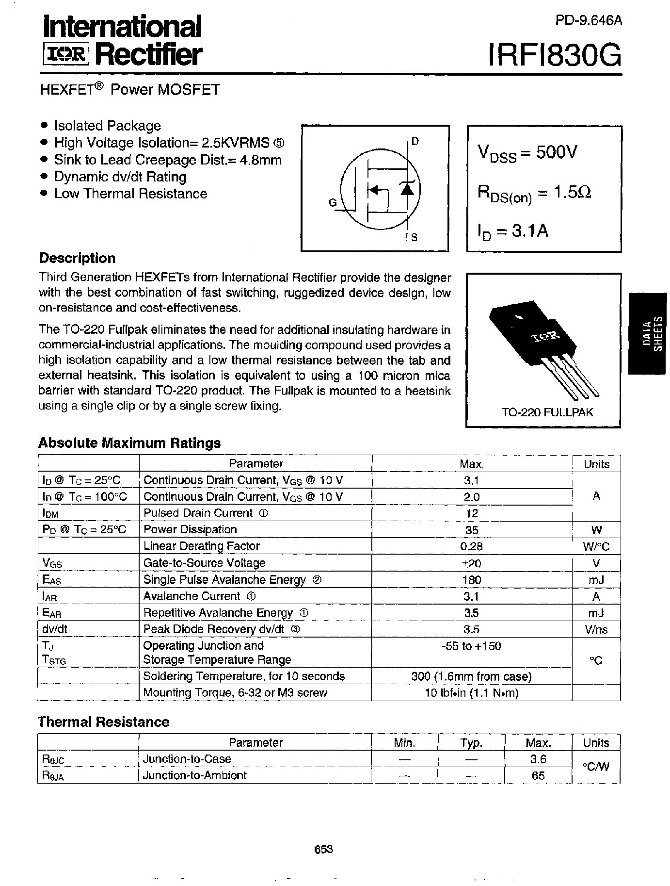 Datasheet IRFI830G - Power MOSFET(Vdss=500V/ Rds(on)=1.5ohm/ Id=3.1A) page 1