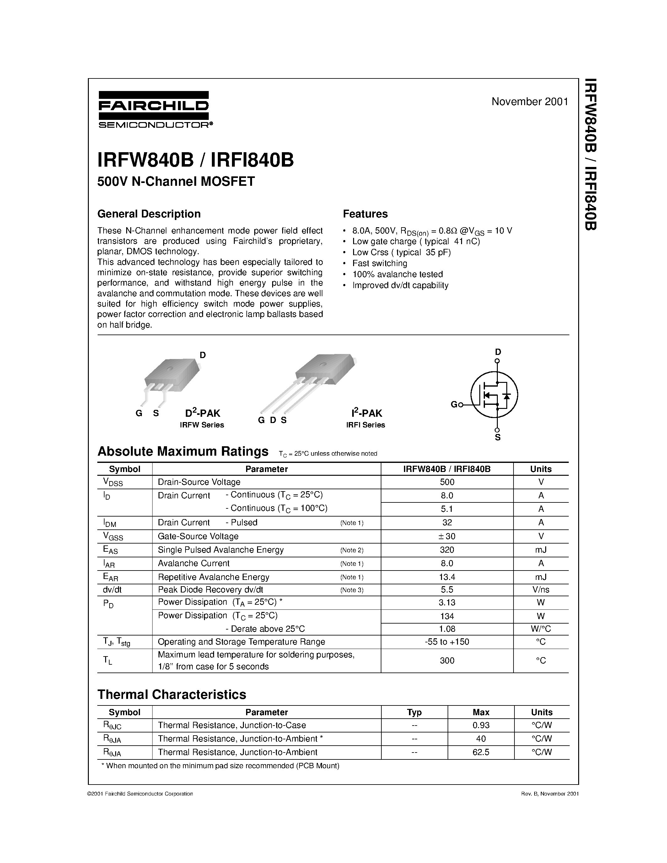 Datasheet IRFI840B - 500V N-Channel MOSFET page 1