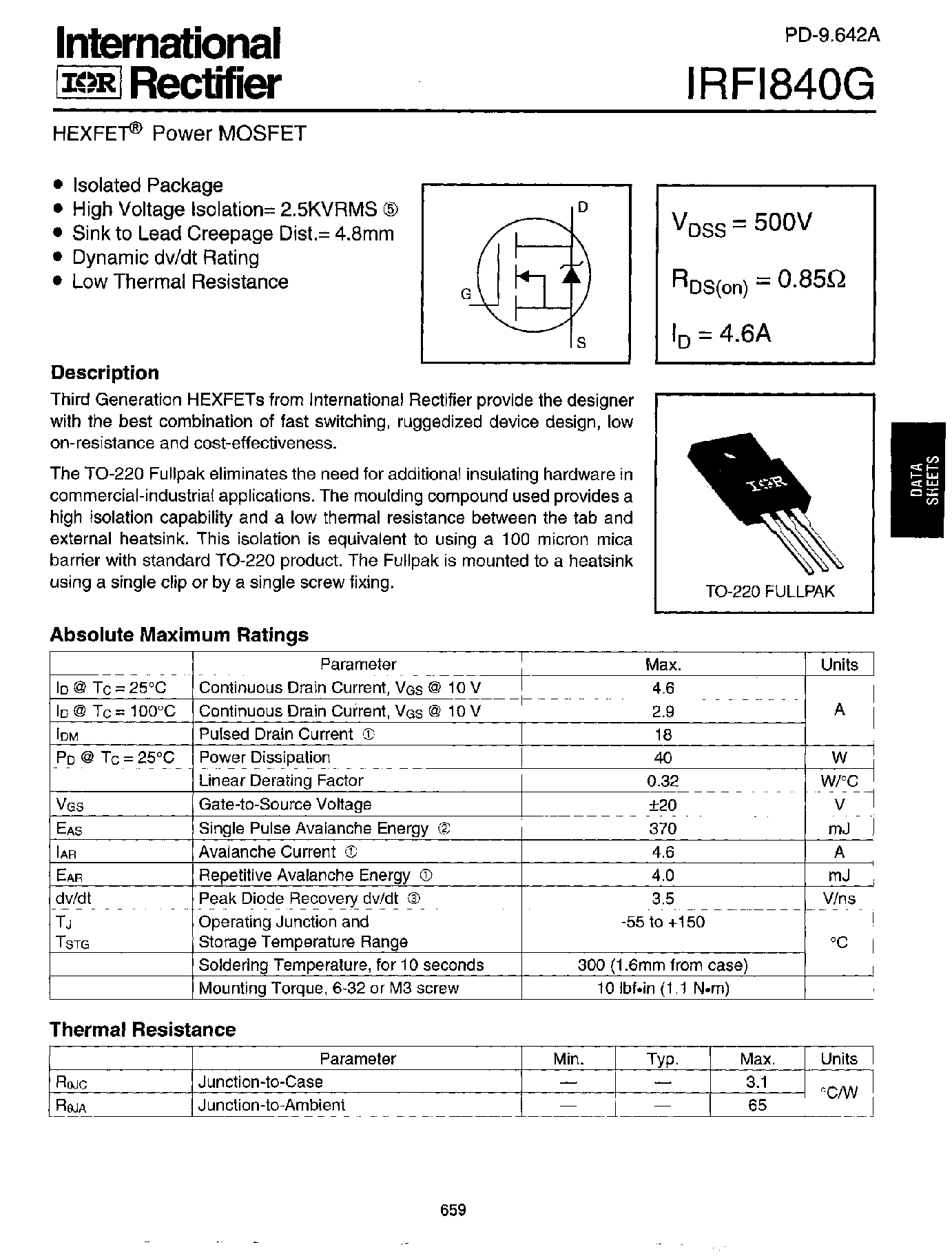 Даташит на микросхему IRFI840G страница 1 Даташит IRFI840G - Power MOSFET(Vdss=500V/ Rds(on)=0.85ohm/ Id=4.6A) страница 1