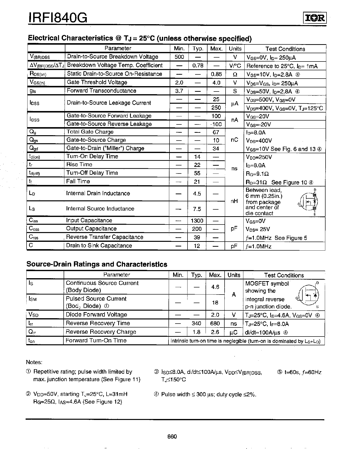 Даташит на микросхему IRFI840G страница 2 Даташит IRFI840G - Power MOSFET(Vdss=500V/ Rds(on)=0.85ohm/ Id=4.6A) страница 2