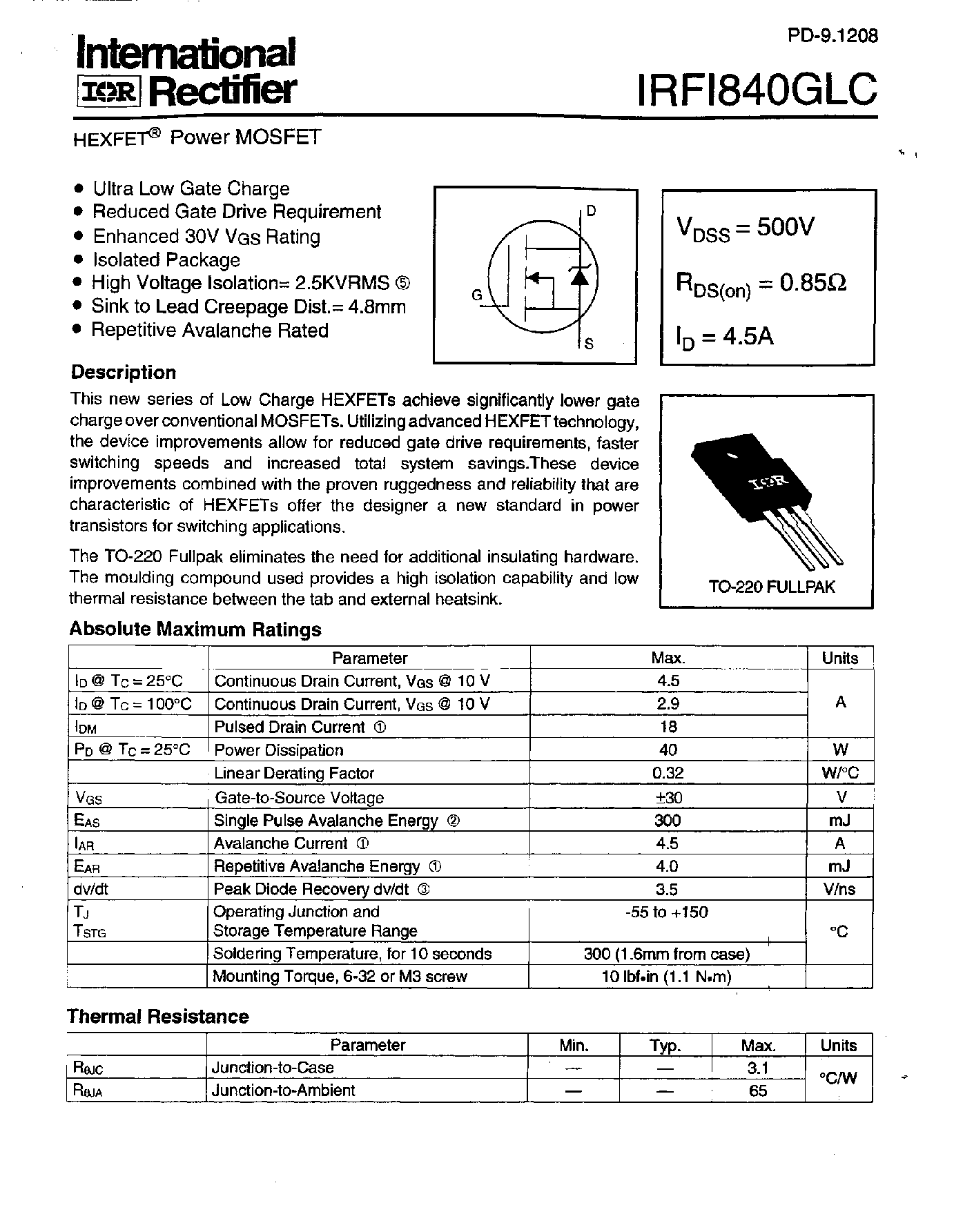 Даташит на микросхему IRFI840GLC страница 1 Даташит IRFI840GLC - Power MOSFET(Vdss=500V/ Rds(on)=0.85ohm/ Id=4.5A) страница 1