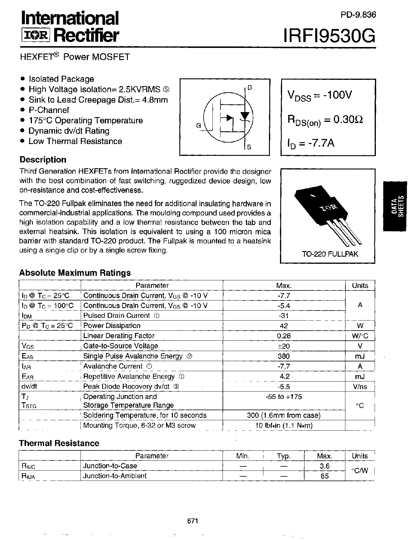 Datasheet IRFI9530G - Power MOSFET(Vdss=-100V/ Rds(on)=0.30ohm/ Id=-7.7A) page 1
