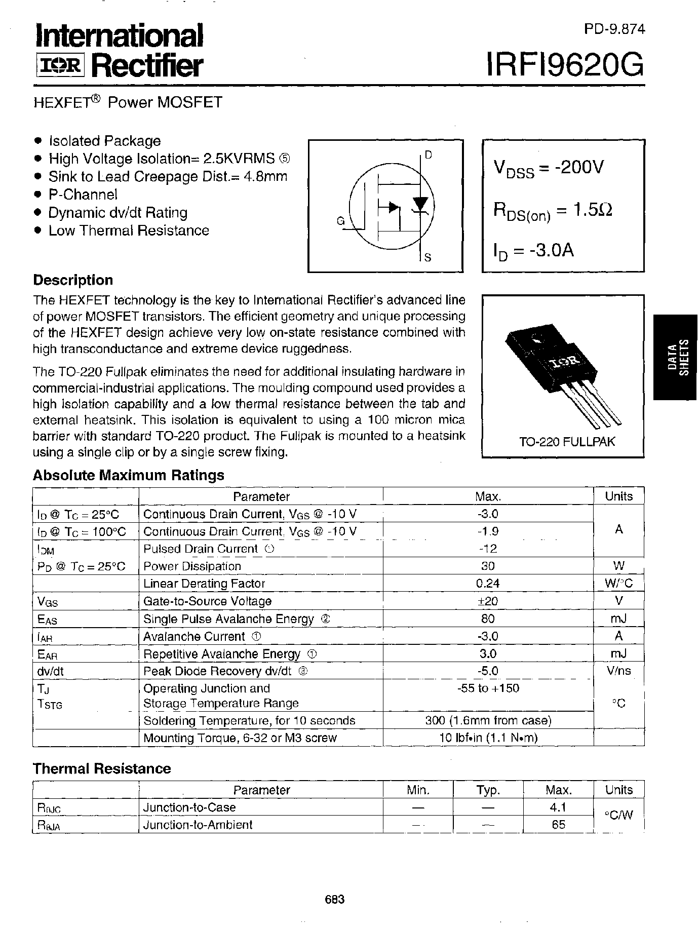 Datasheet IRFI9620G - Power MOSFET(Vdss=-200V/ Rds(on)=1.5ohm/ Id=-3.0A) page 1