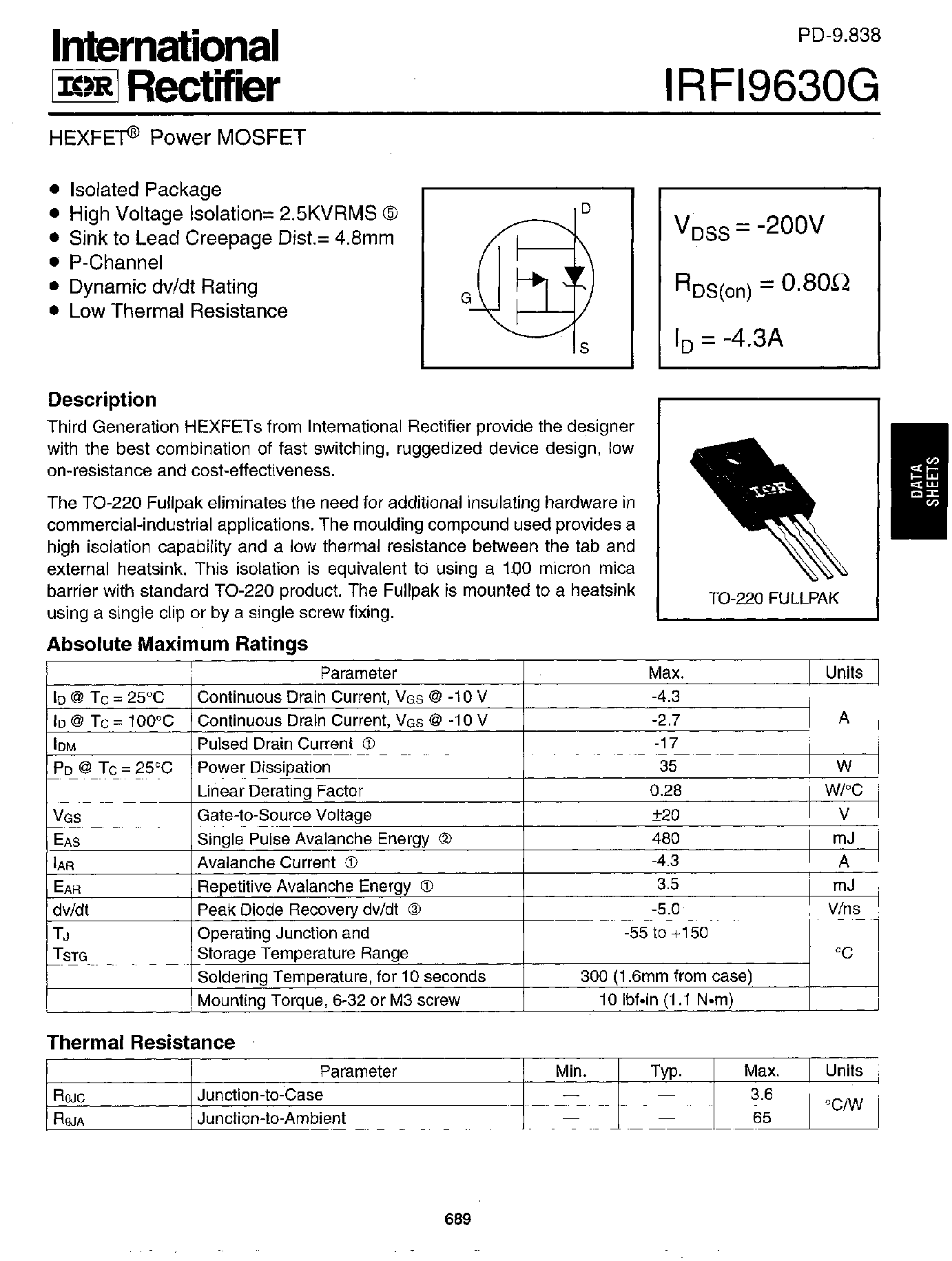 Даташит IRFI9630G - Power MOSFET(Vdss=-200V/ Rds(on)=0.80ohm/ Id=-4.3A) страница 1