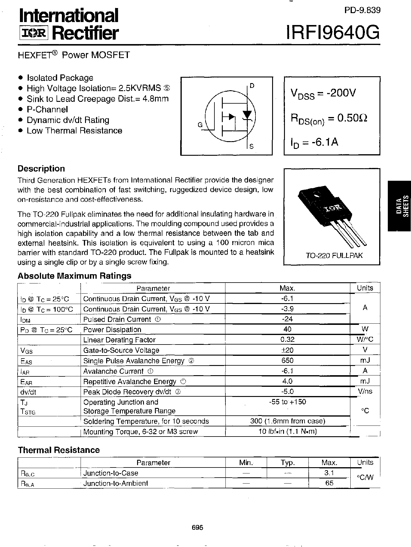 Datasheet IRFI9640G - Power MOSFET(Vdss=-200V/ Rds(on)=0.50ohm/ Id=-6.1A) page 1